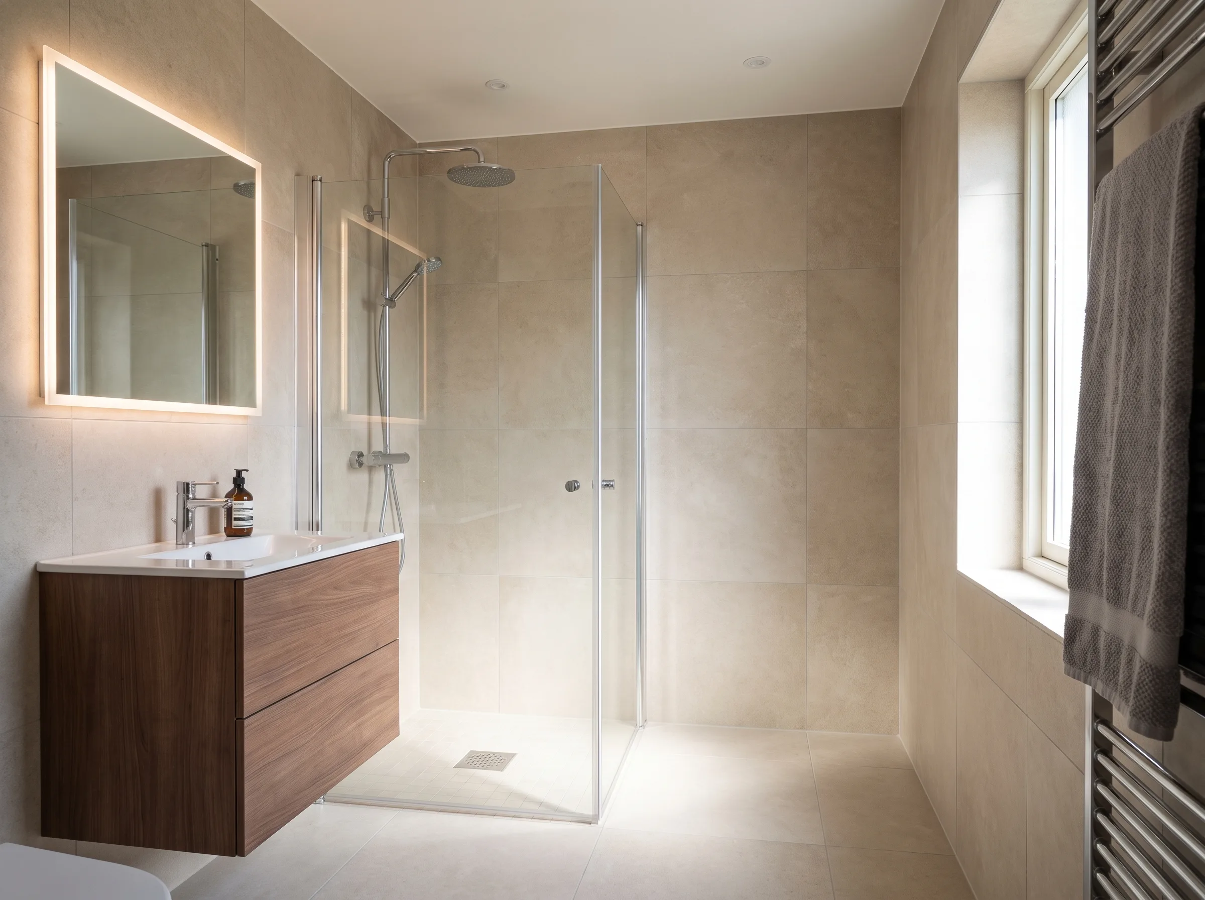 Modernt badrum med dusch, handfat och spegel i elegant design