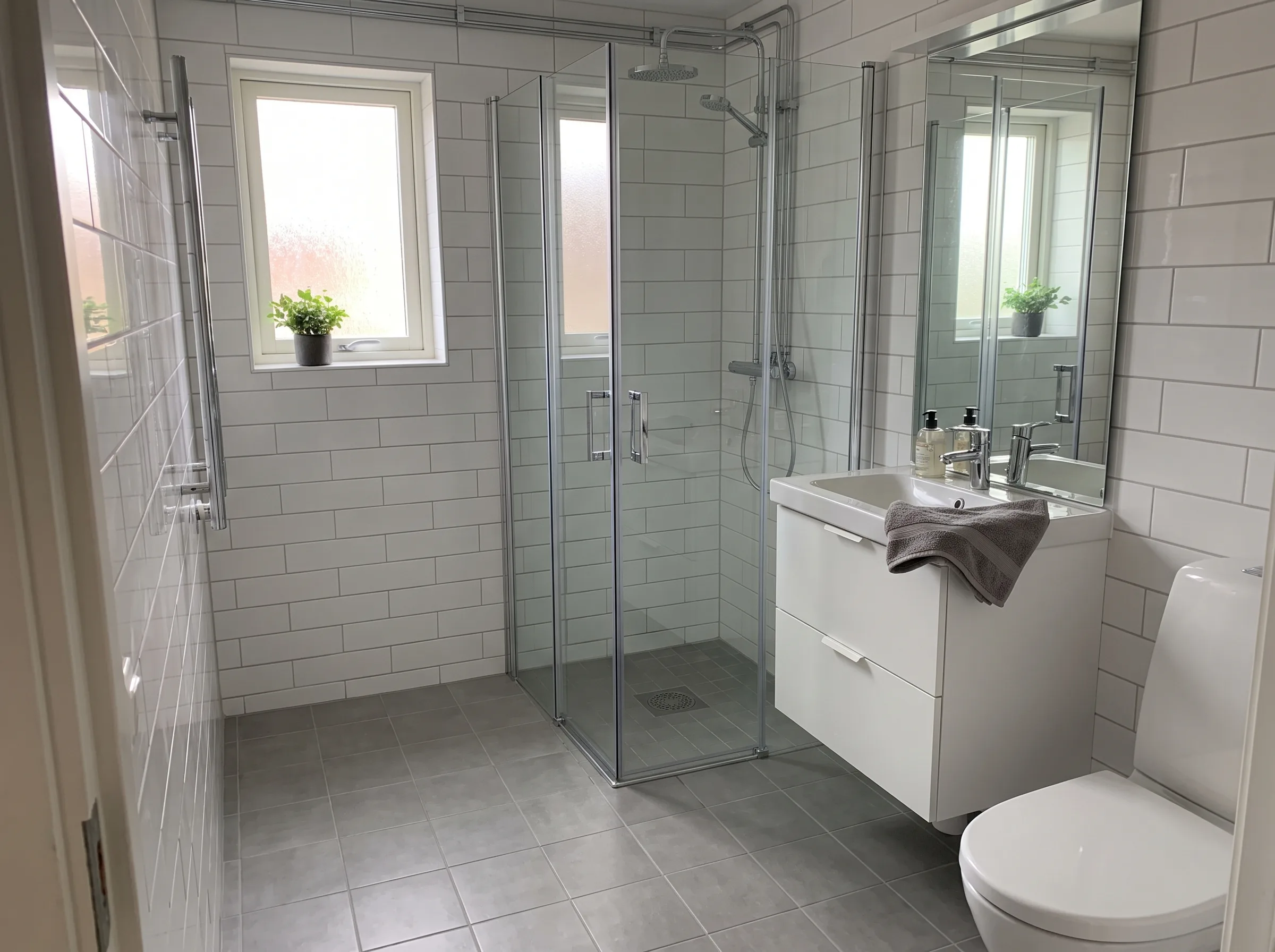 Nyrenoverat badrum med dusch, handfat och toalett i modern stil