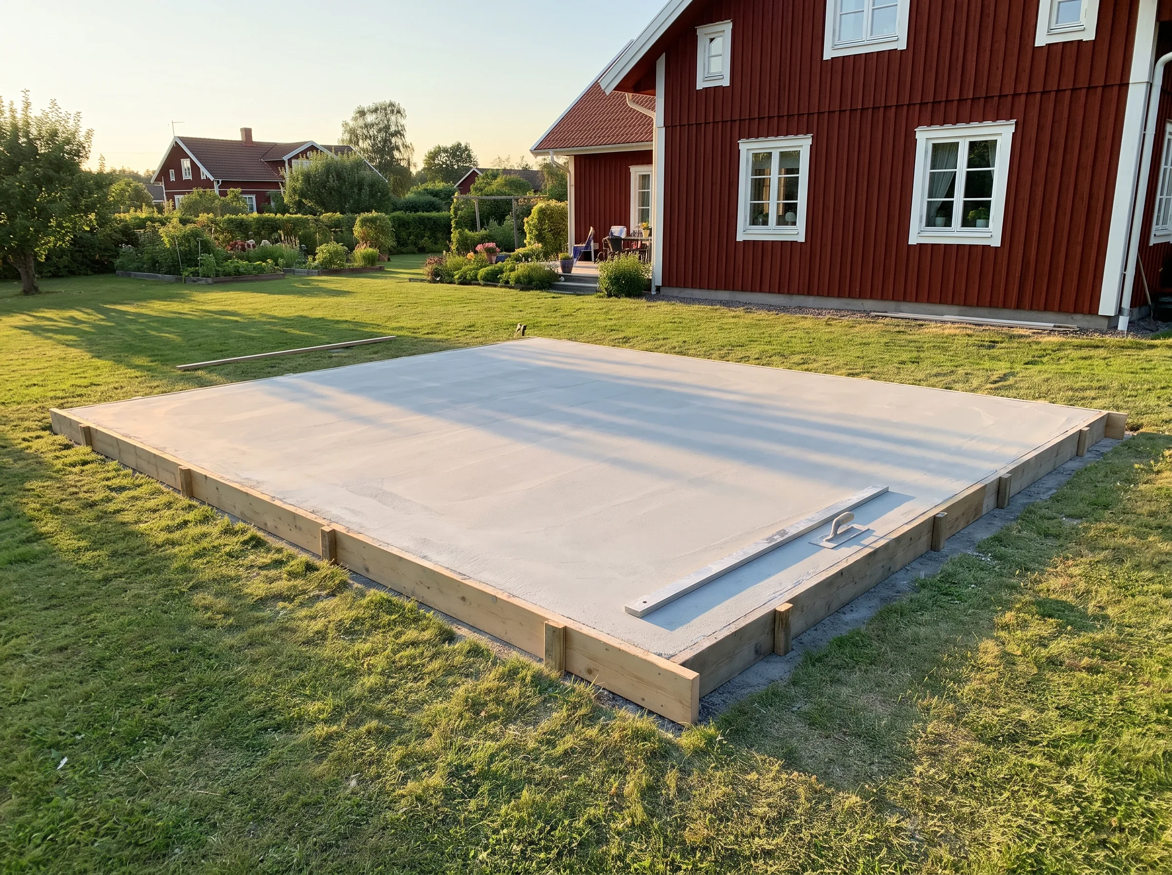 Ny betongplatta för altanbygge i trädgård med grönområden