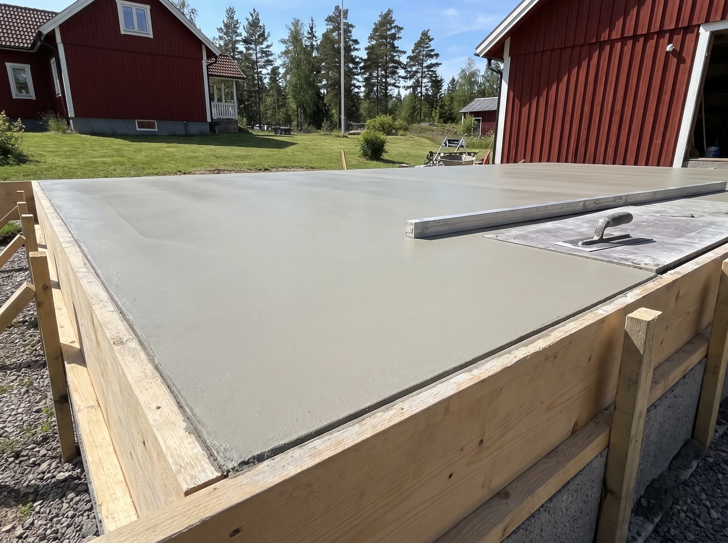 Nygjuten betongplatta med formverktyg, redo för vidare byggnation