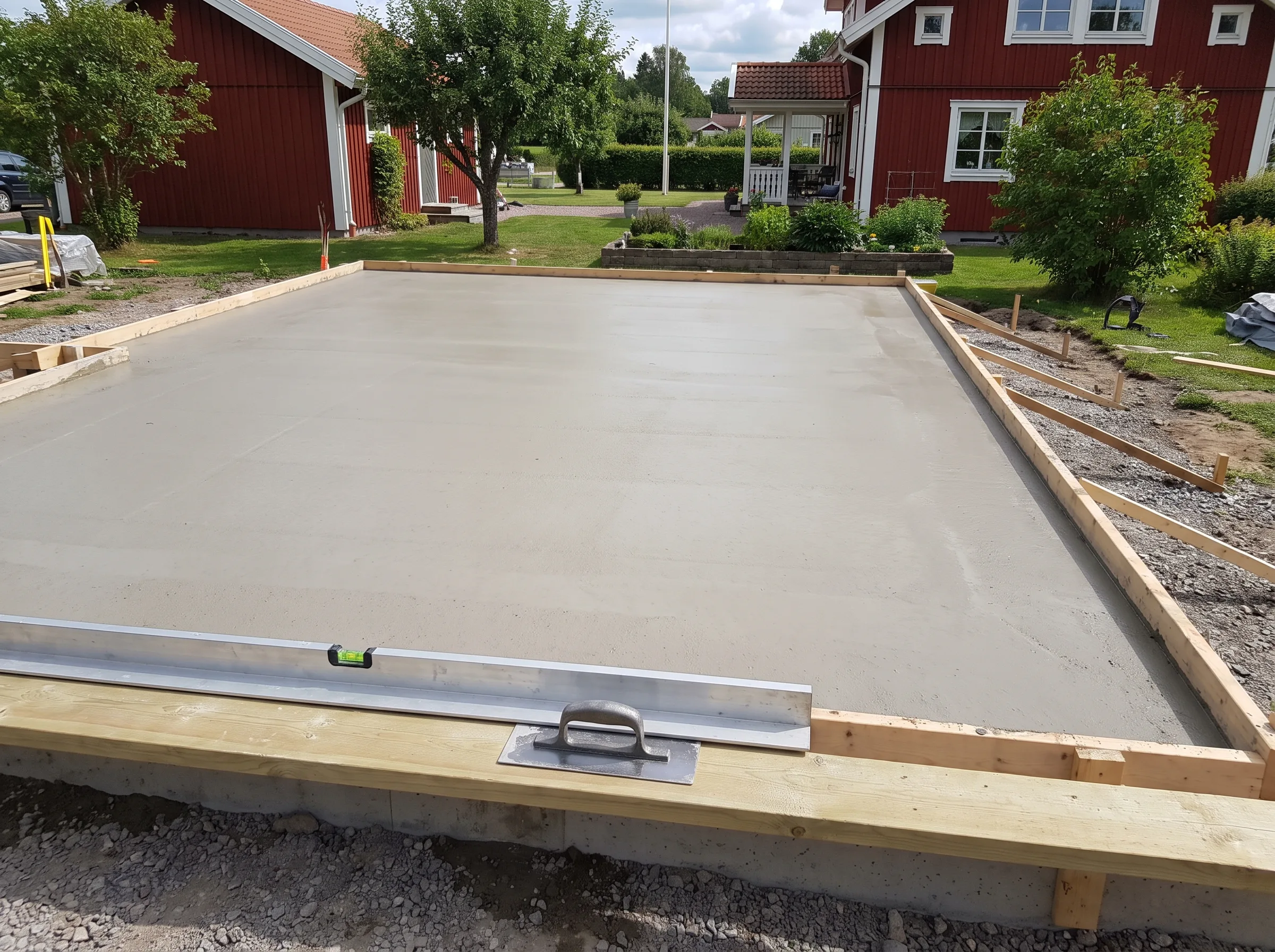 Betongplatta för grundläggning i trädgårdsmiljö, förberedd för byggnation