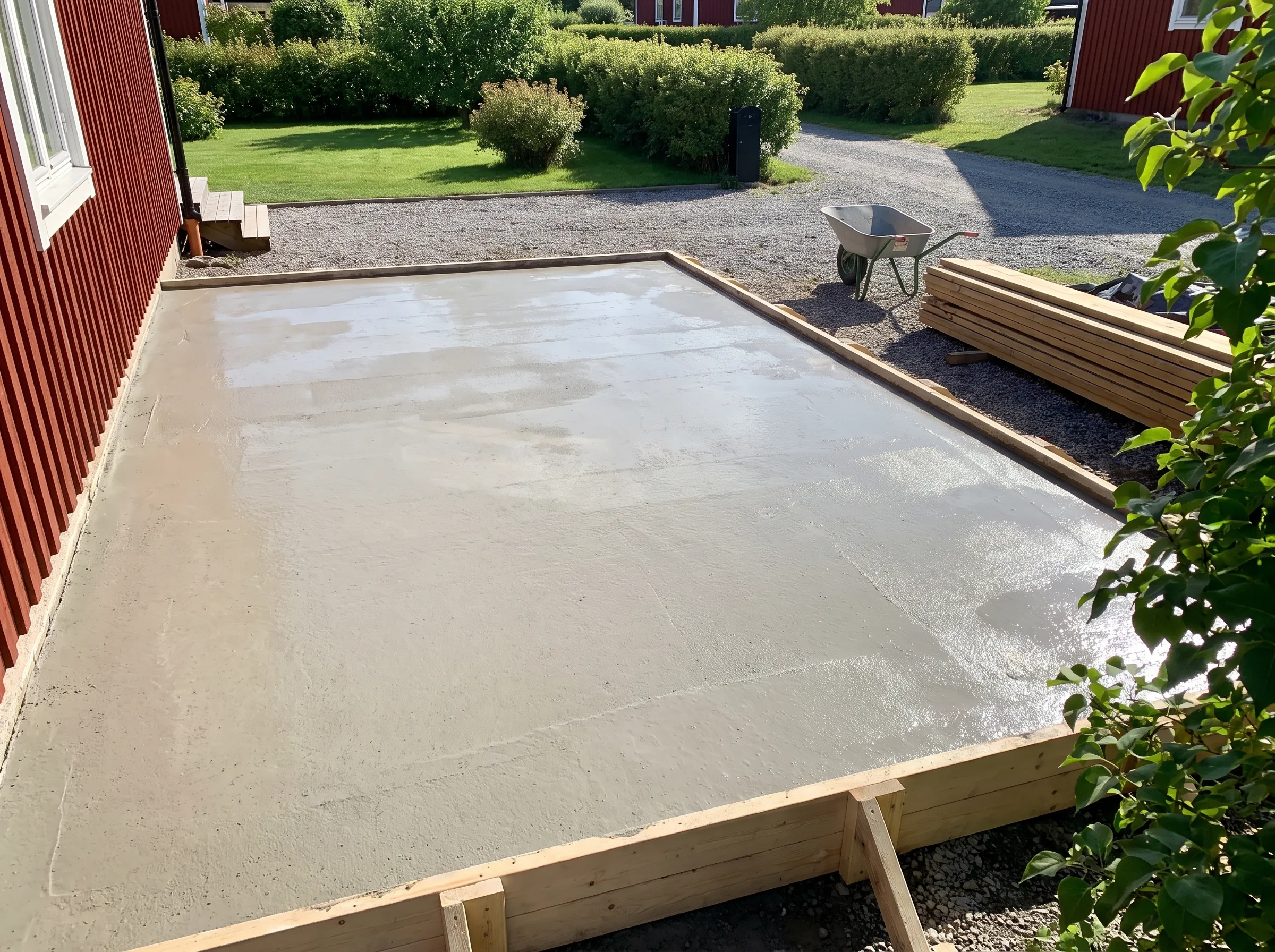 Nyligen utförd betongplatta för grundarbete på en byggarbetsplats