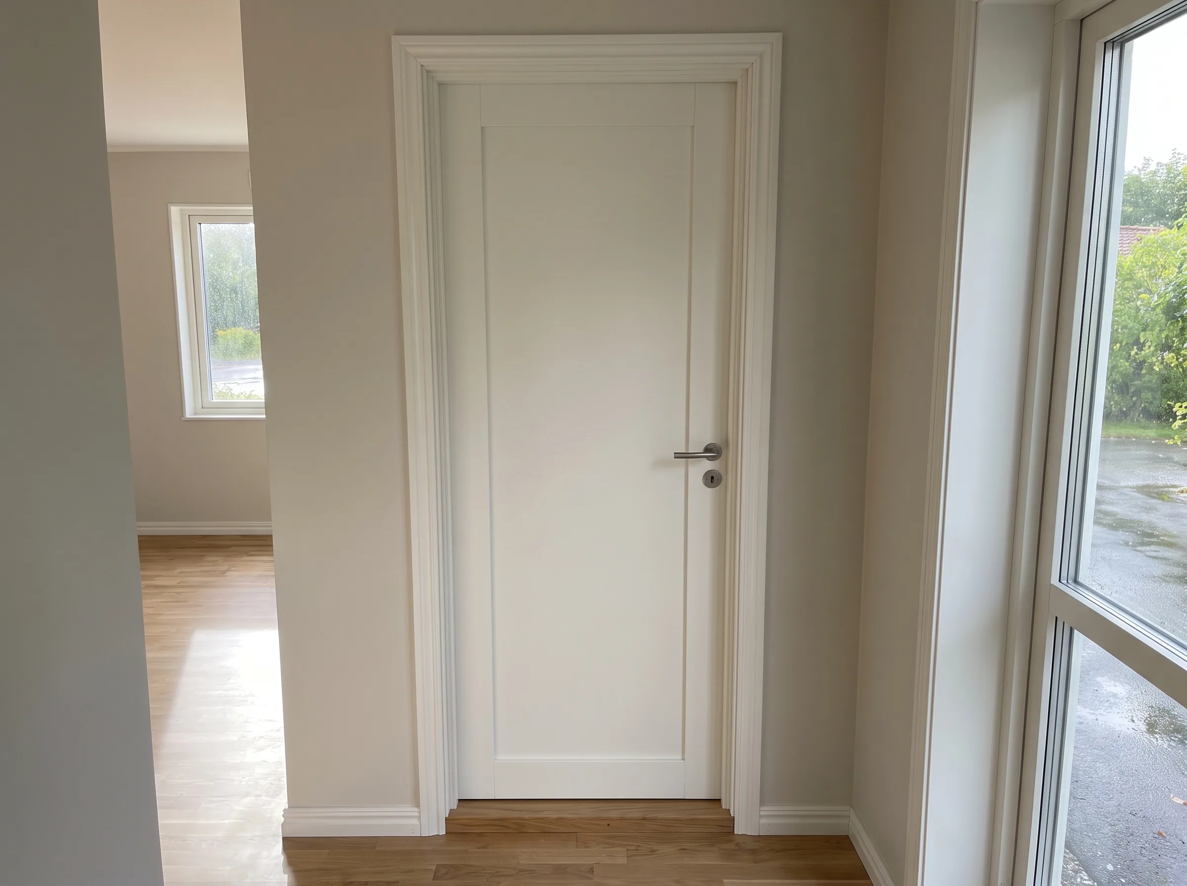 Vit dörr i hall med fönster som släpper in naturligt ljus