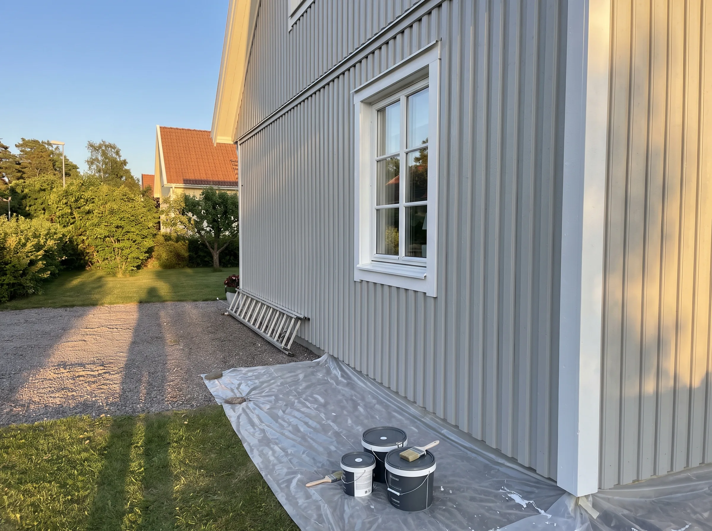 Fasadmålning på ett hus med färgburkar och penslar på marken