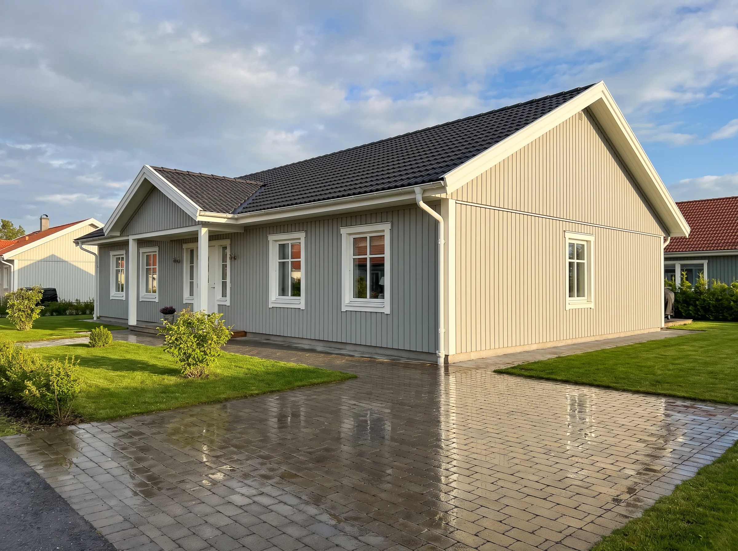 Nyrenoverat hus med grå fasad och grön trädgård
