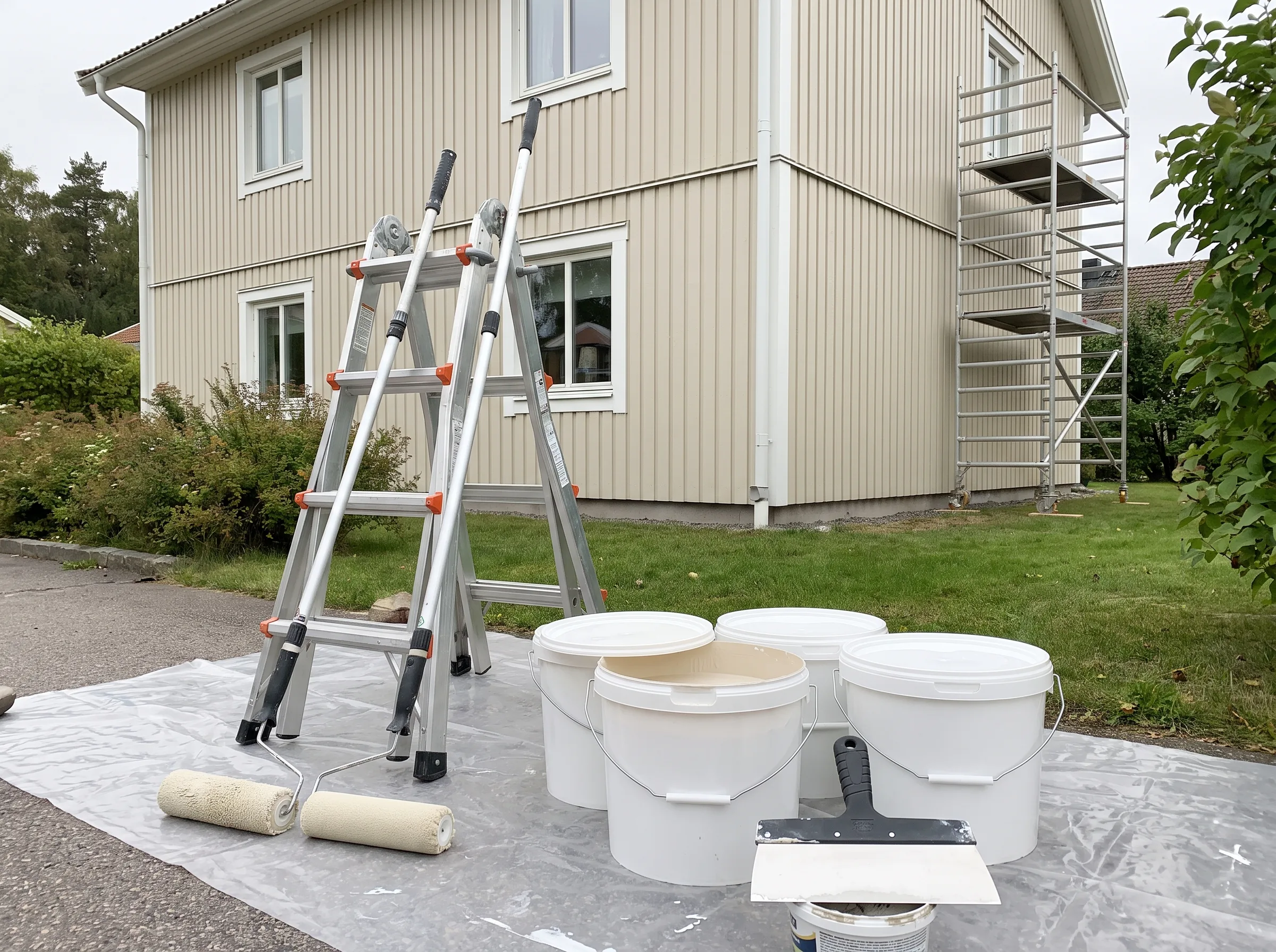 Målarverktyg och färgburkar framför en fasad som ska målas