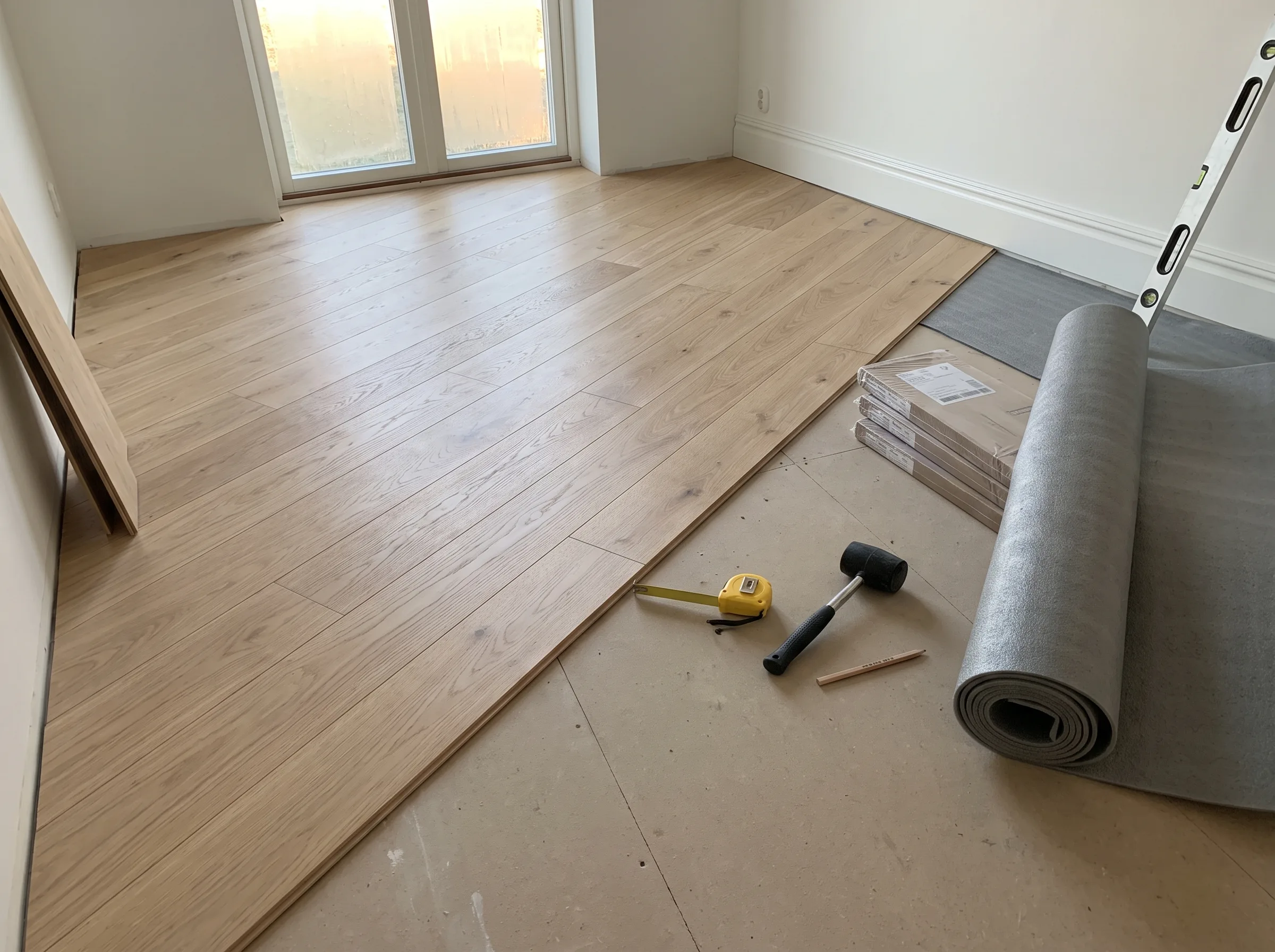 Installation av trägolv i ett rum med verktyg och material synliga