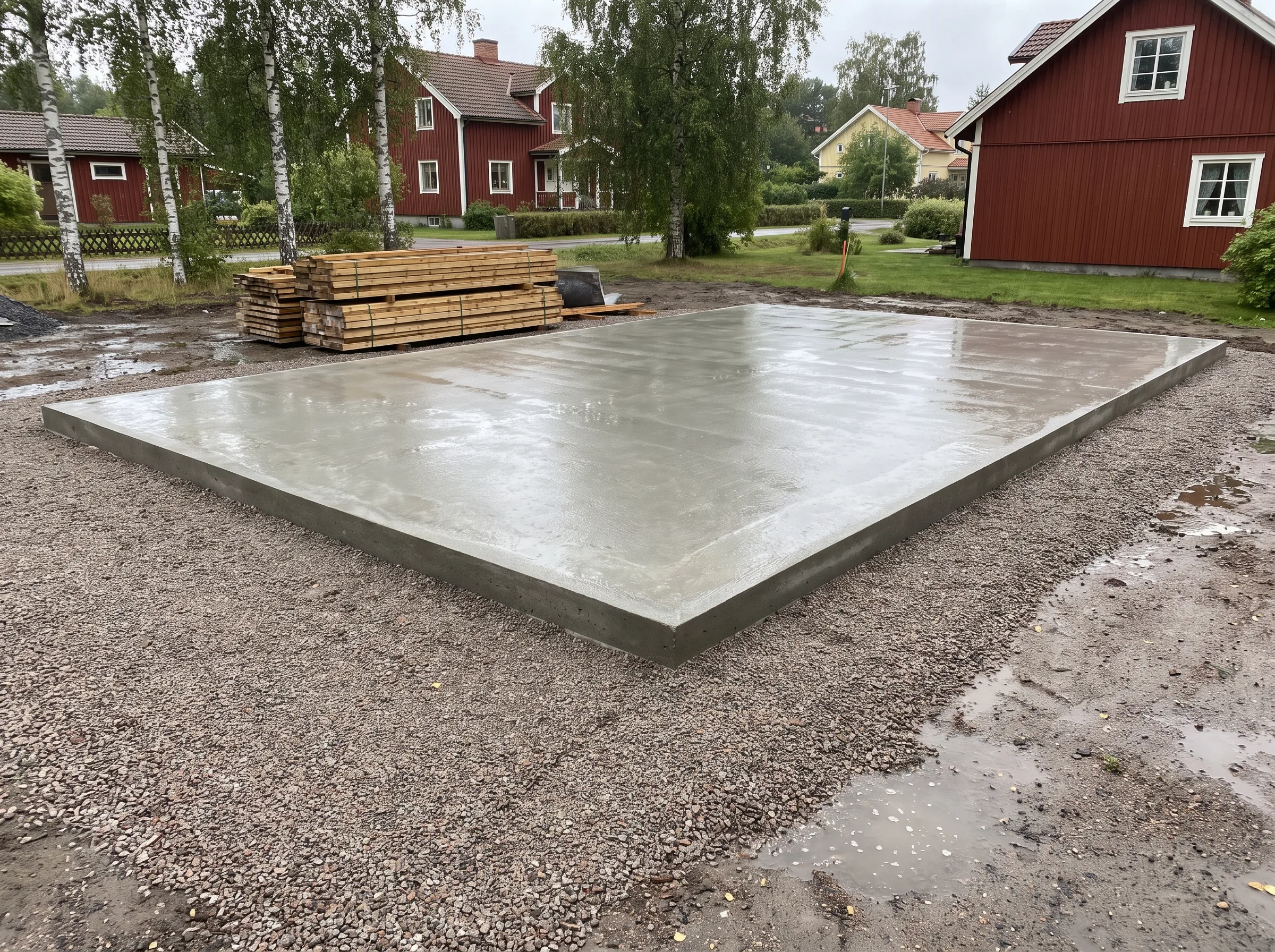 Betongplatta för grundläggning av en ny byggnad, omgiven av grus och träplankor