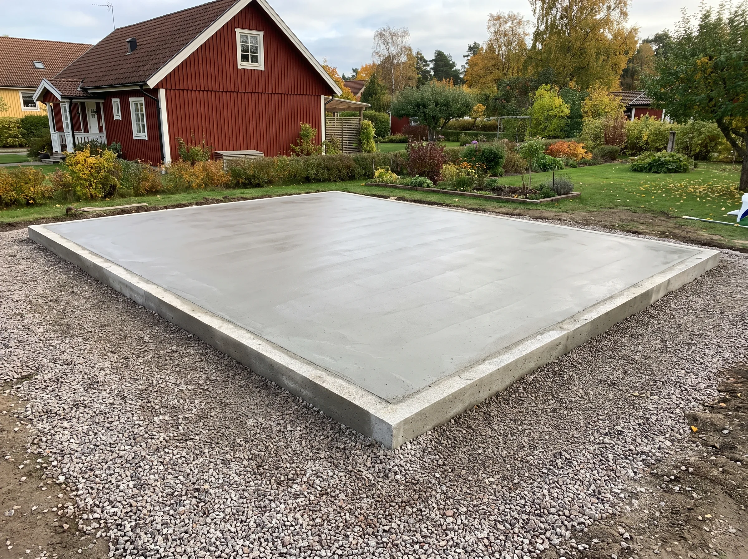 Nygjord betongplatta för altanbygge i trädgårdsmiljö