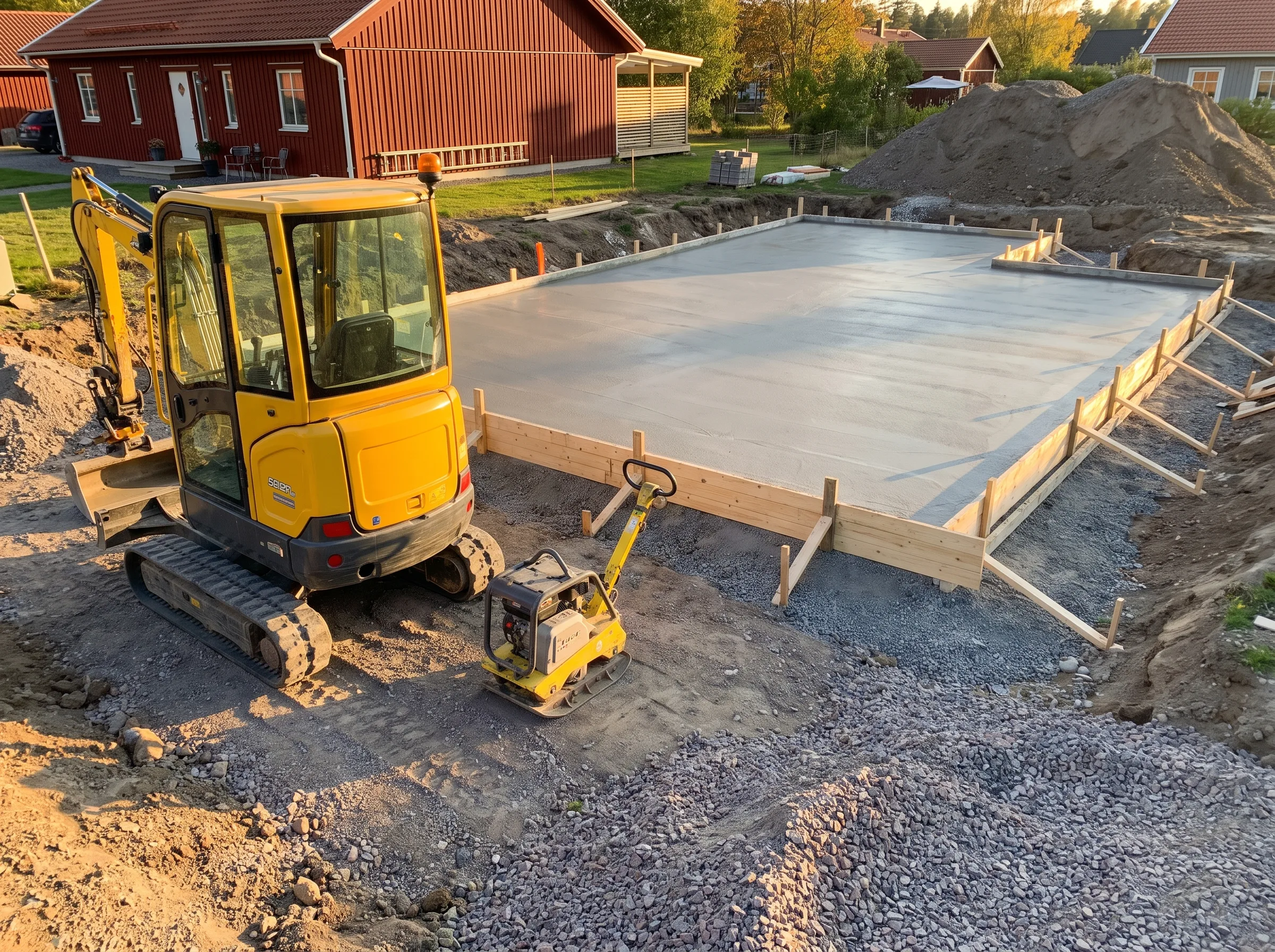 Grundläggning av platta på mark med grävmaskin och komprimerare