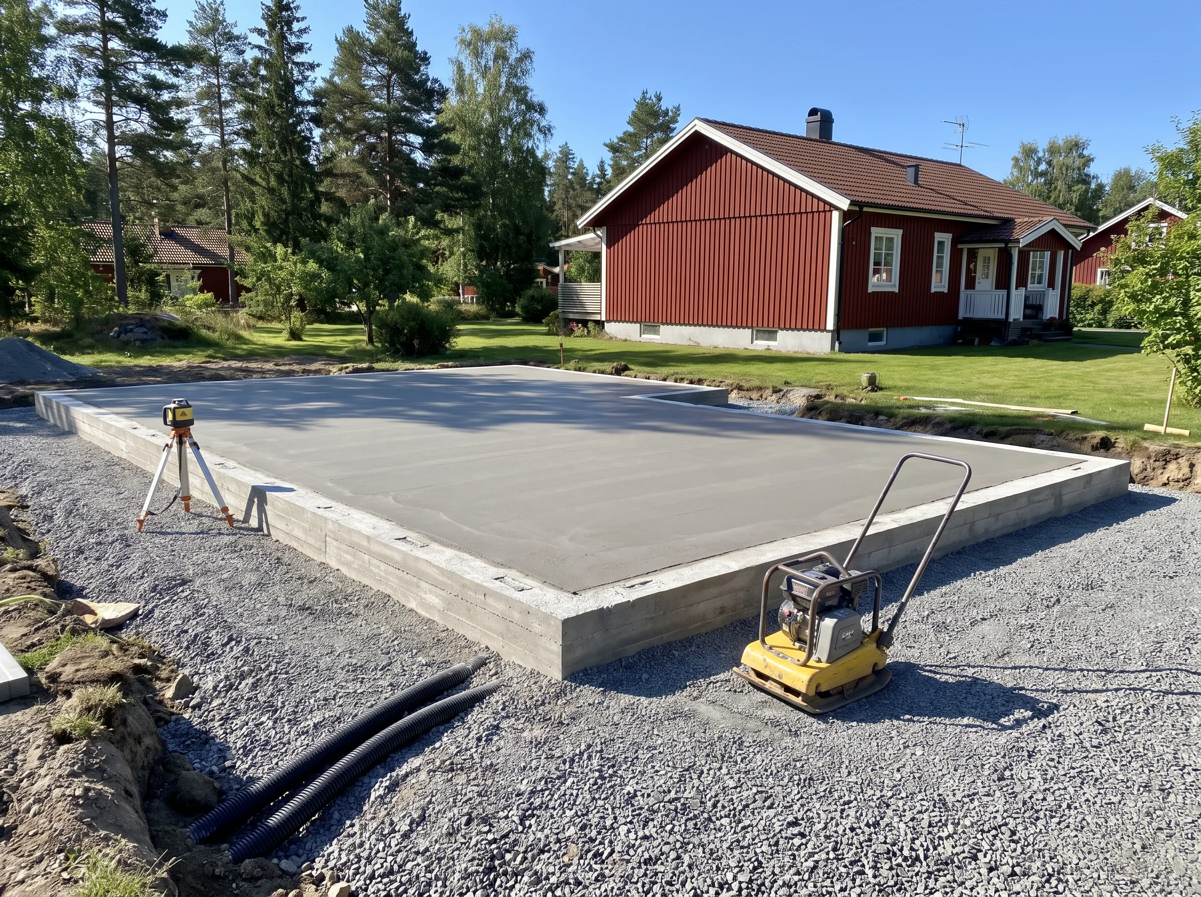 Betongplatta för byggnation av husgrund med omgivande grönska