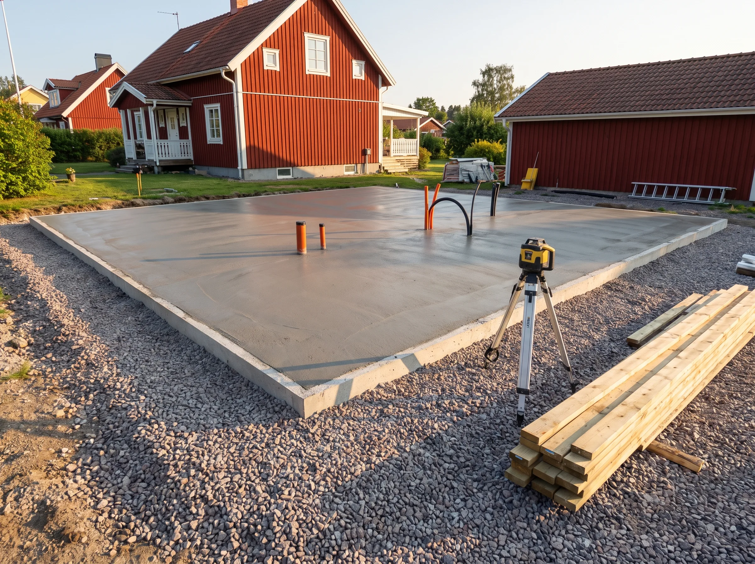 Betongplatta för husgrund med verktyg och material i trädgården