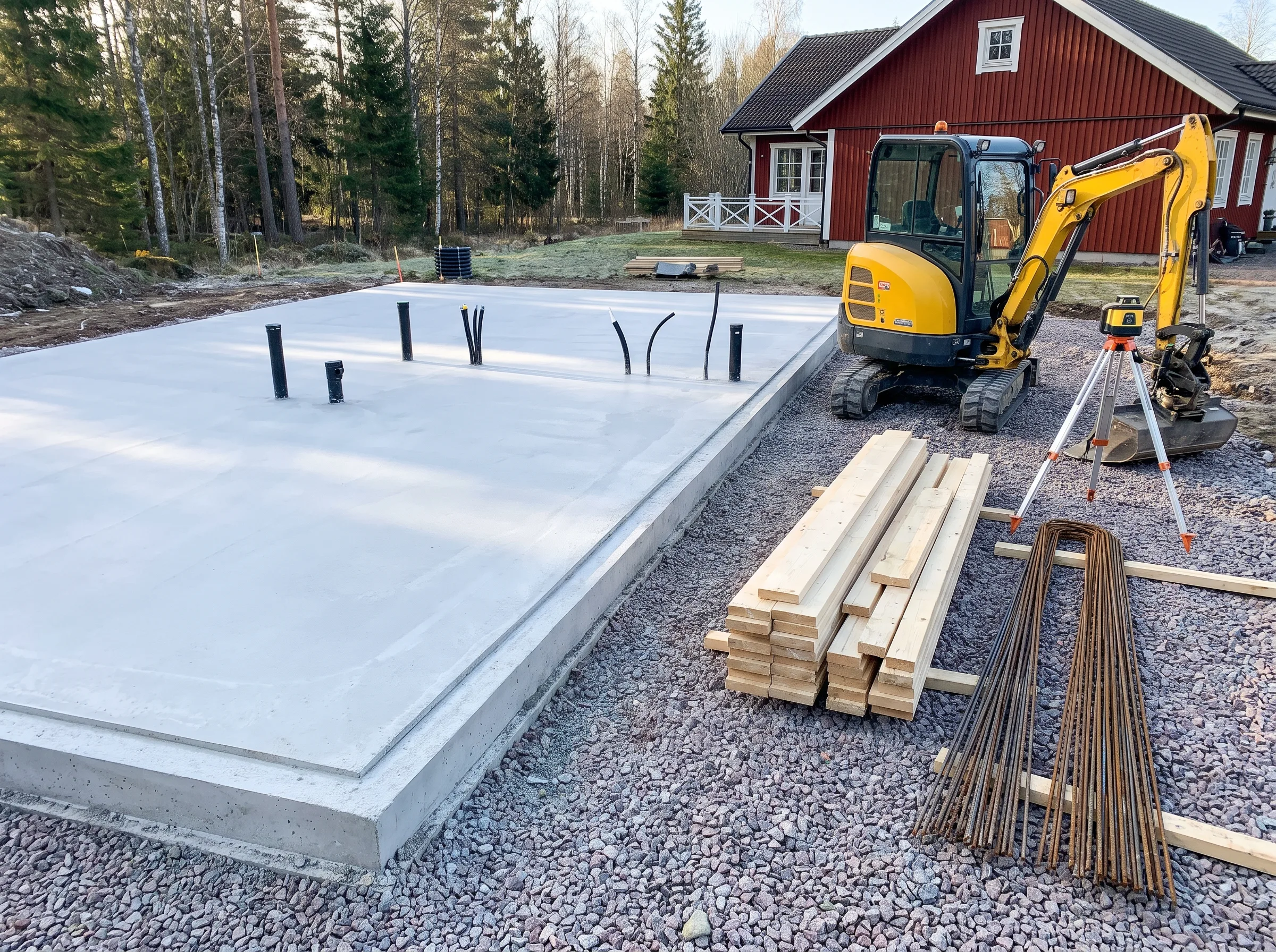 Betongplatta för grundläggning med byggutrustning och material i förgrunden