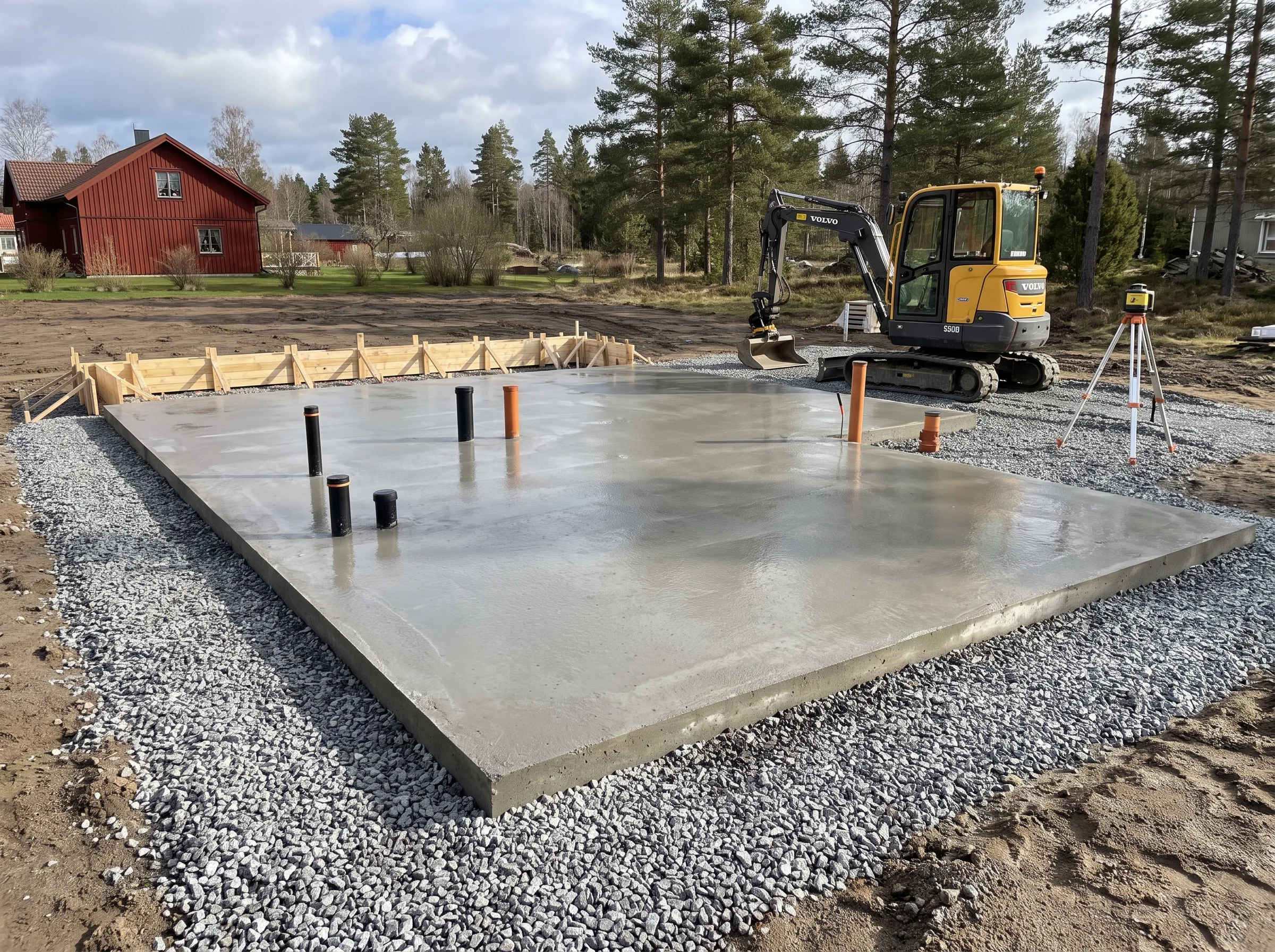 Betongplatta för husgrund med rör och redskap i fokus