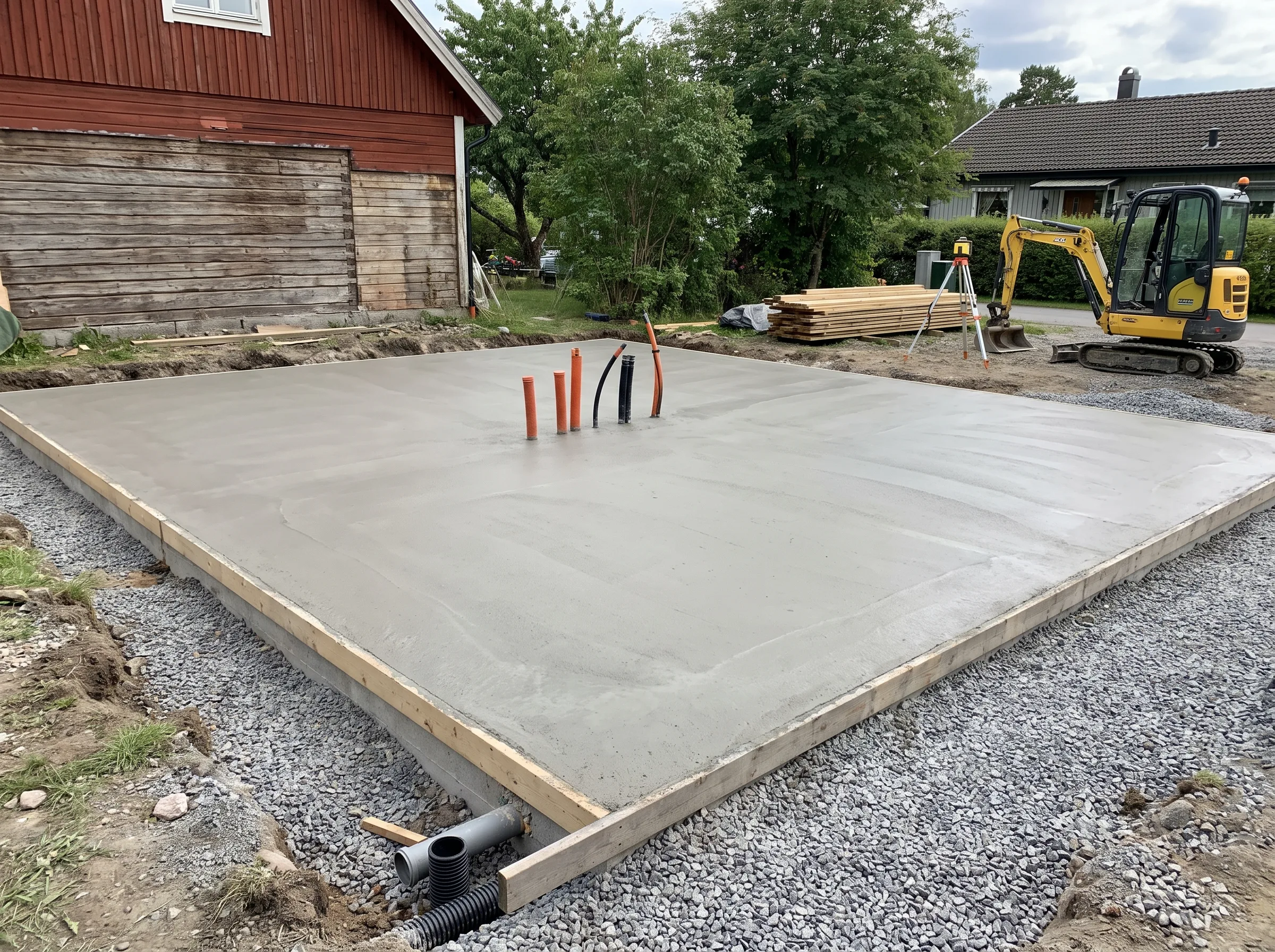 Betongplatta för husgrund med rör och dränering i en byggarbetsplats