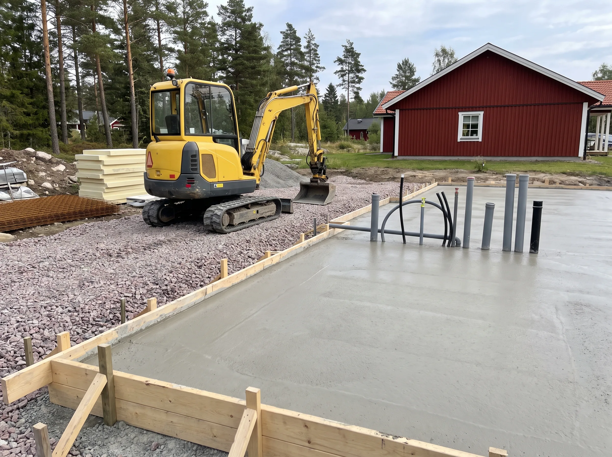 Grävmaskin arbetar på en byggarbetsplats för grundarbete med betongsättning