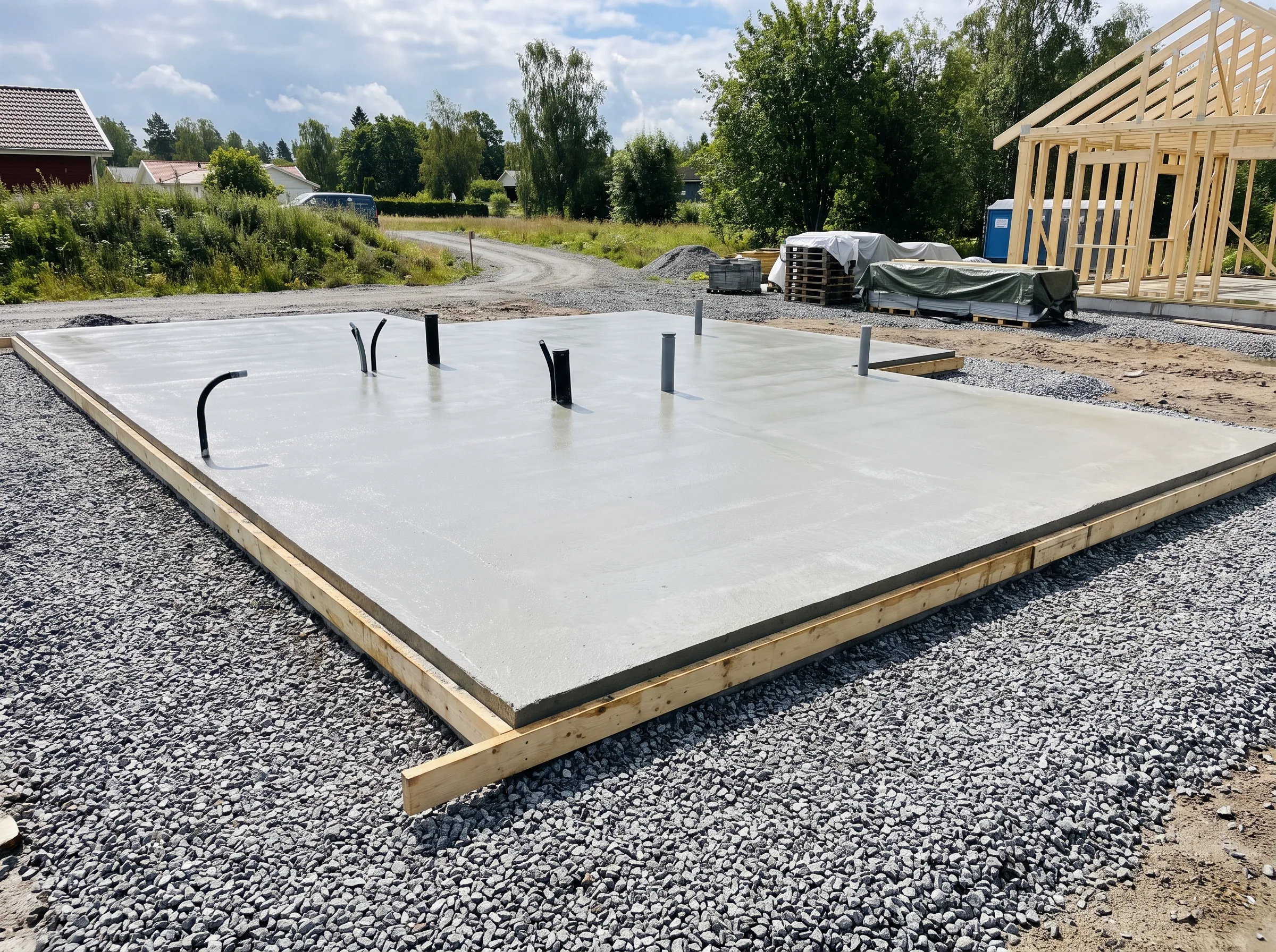 Betongplatta för husgrund med installationer och omgivande grus