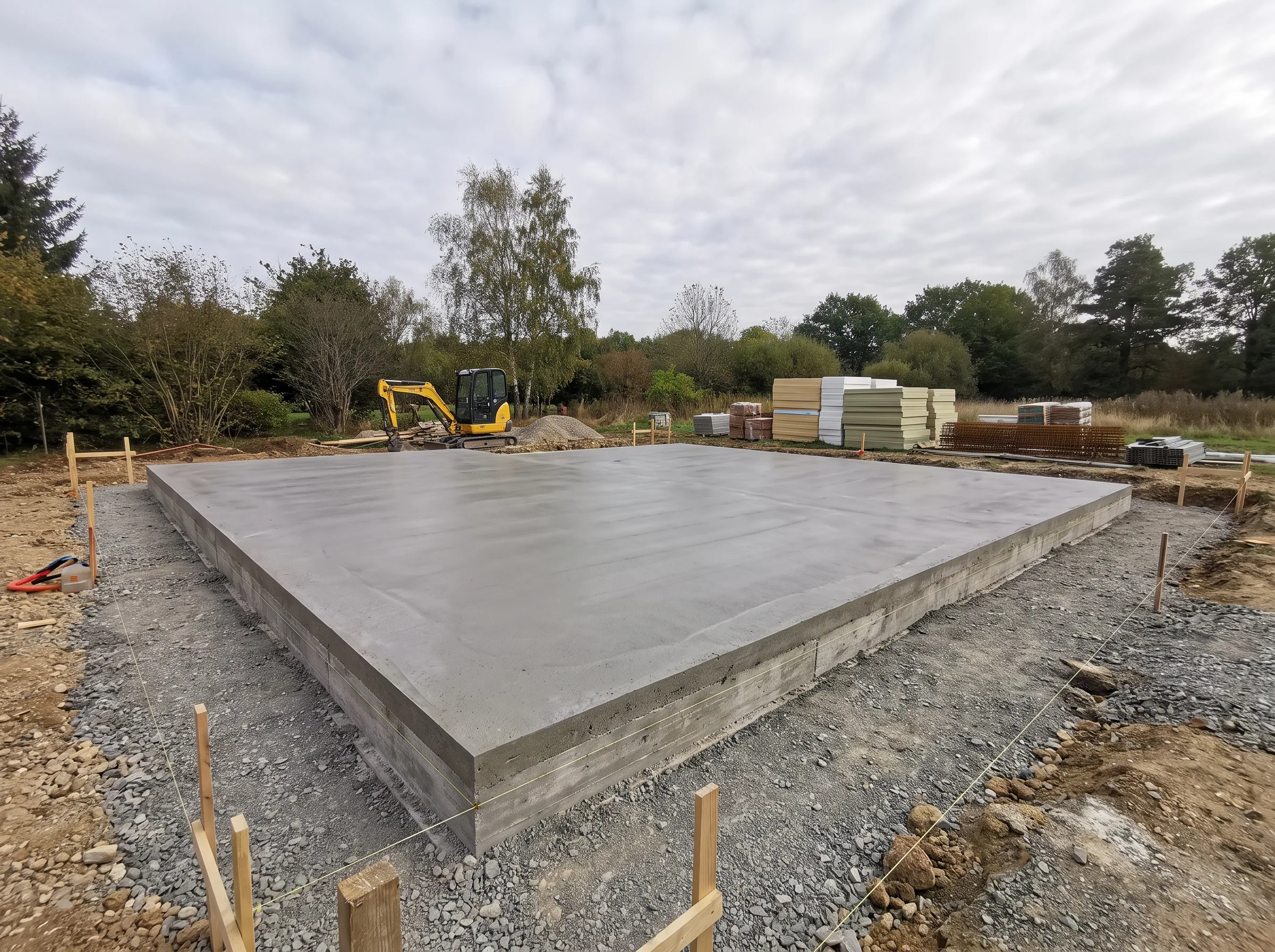 Betongplatta för grundarbete med omgivande ställningar och maskiner