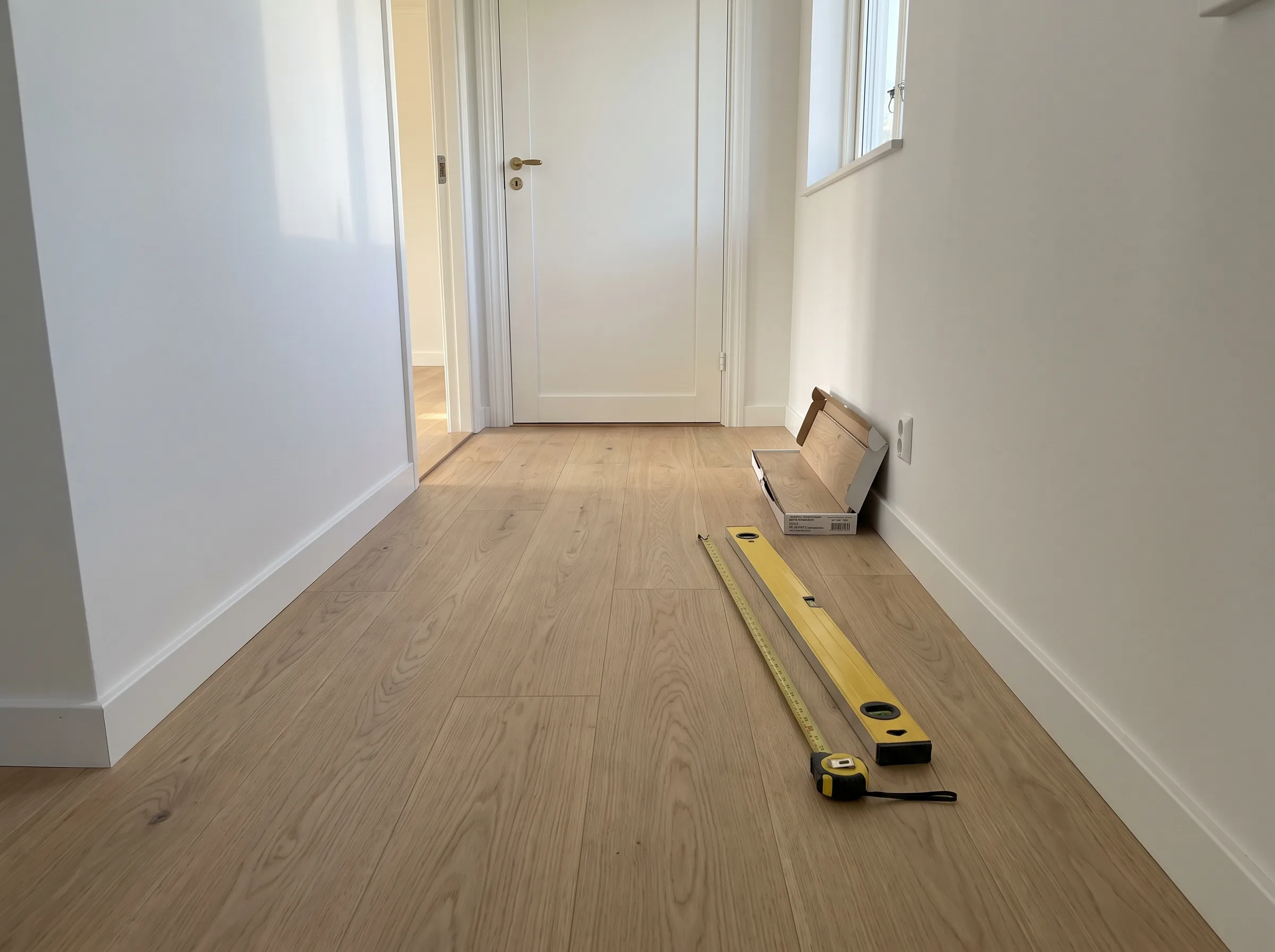 Nyinstallerat trägolv i hall med ett vattenpass och en låda i förgrunden