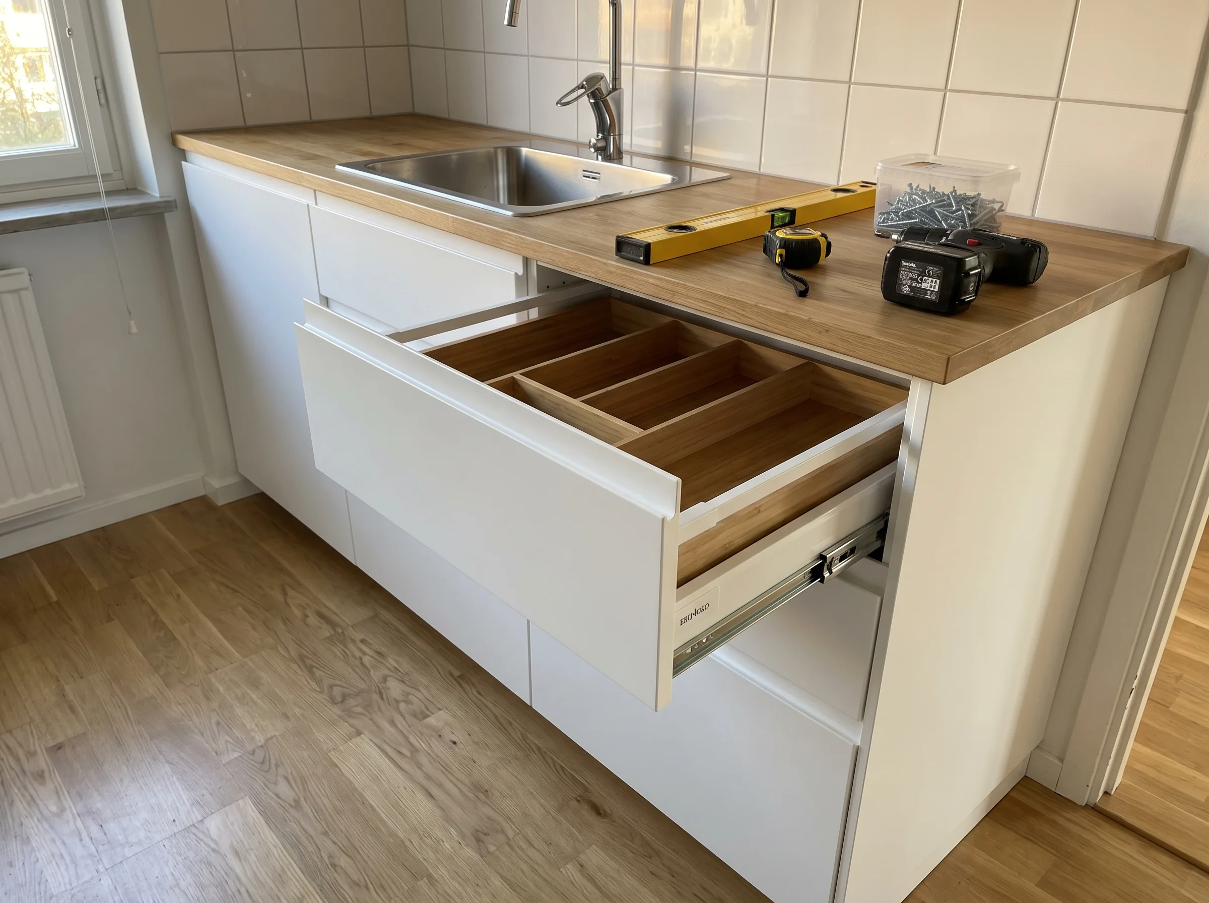 Kök med en öppen låda och köksutrustning för köksmontering