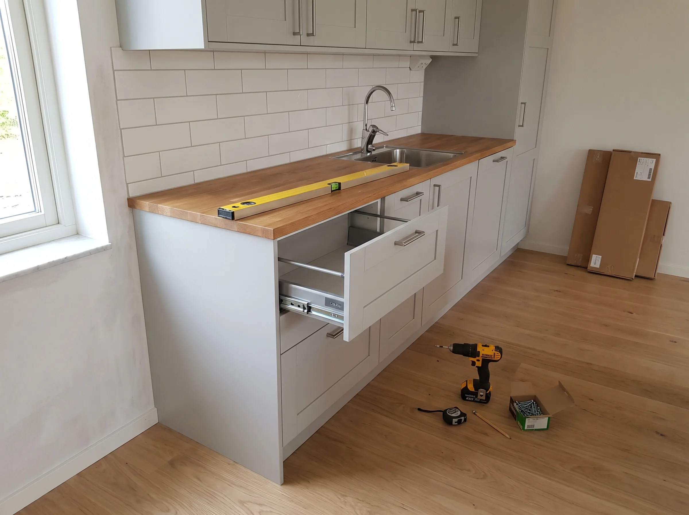 Nyinstallerat kök med träbänk och öppna skåp