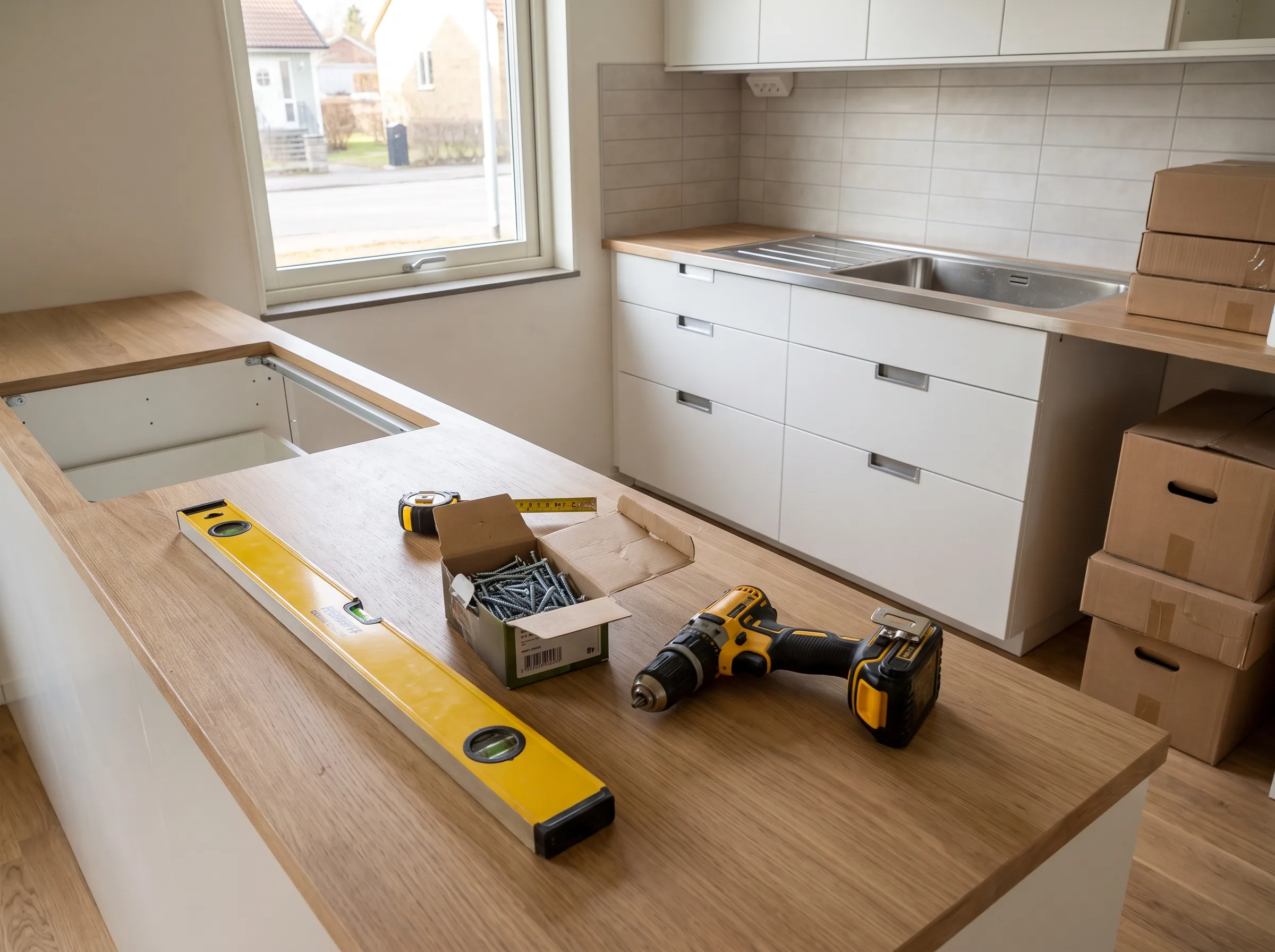 Kök med träbänk, verktyg och boxar för köksrenovering