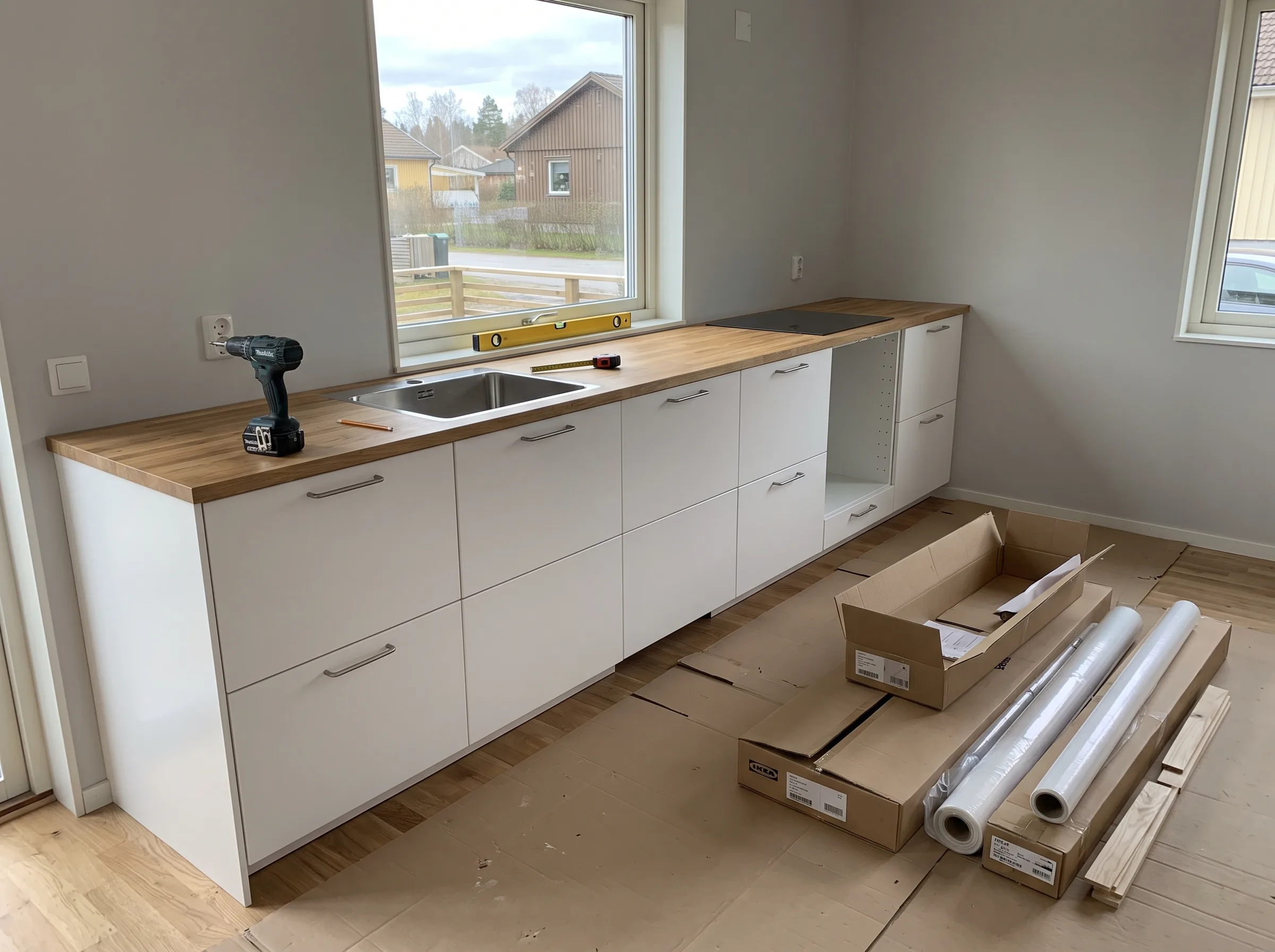Nytt kök med träbänkskiva och vit skåpinredning, under arbete med installation