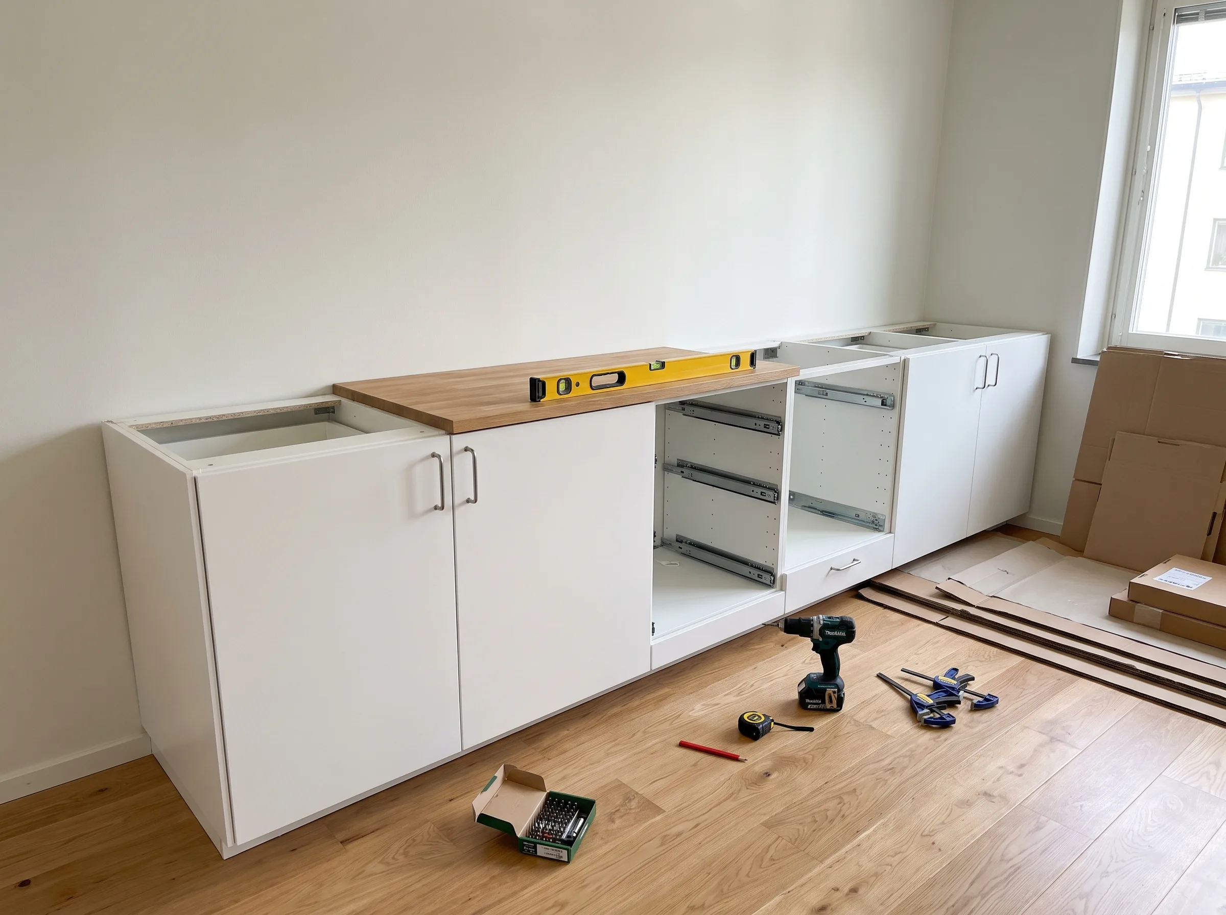 Nyinstallerade köksskåp med en träskiva och verktyg i ett ljust rum