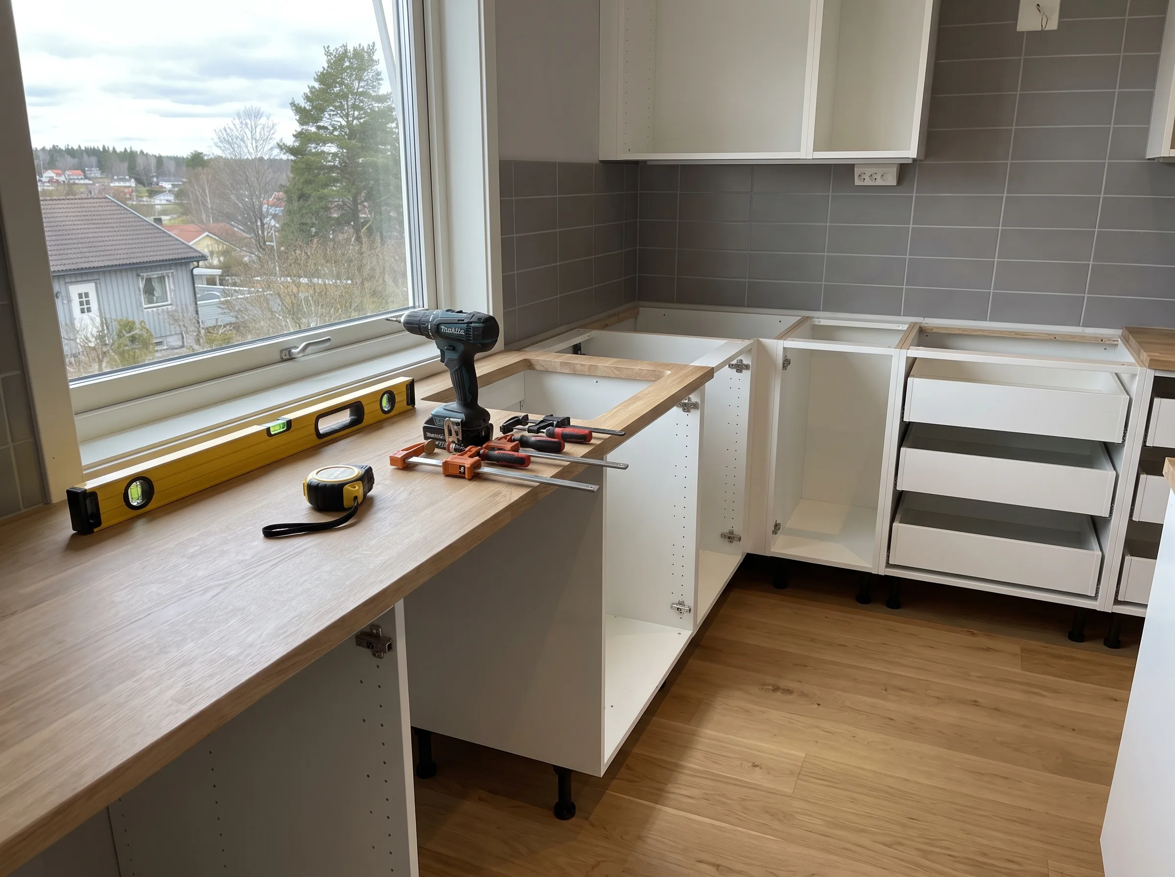 Installation av köksinredning med verktyg på arbetsytan