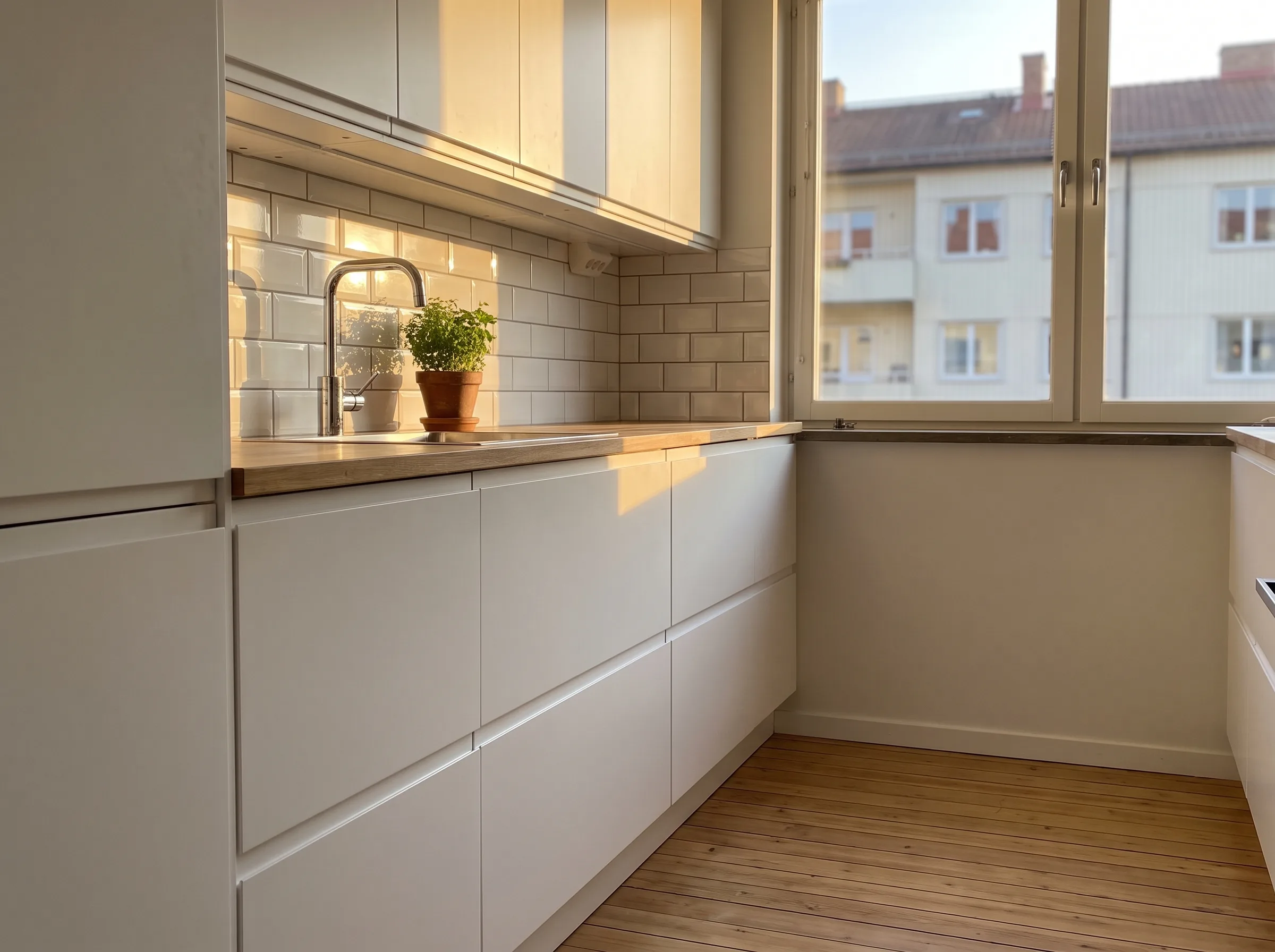Modernt kök med vita skåp och träbänkskiva i ljusinsläpp från fönstret