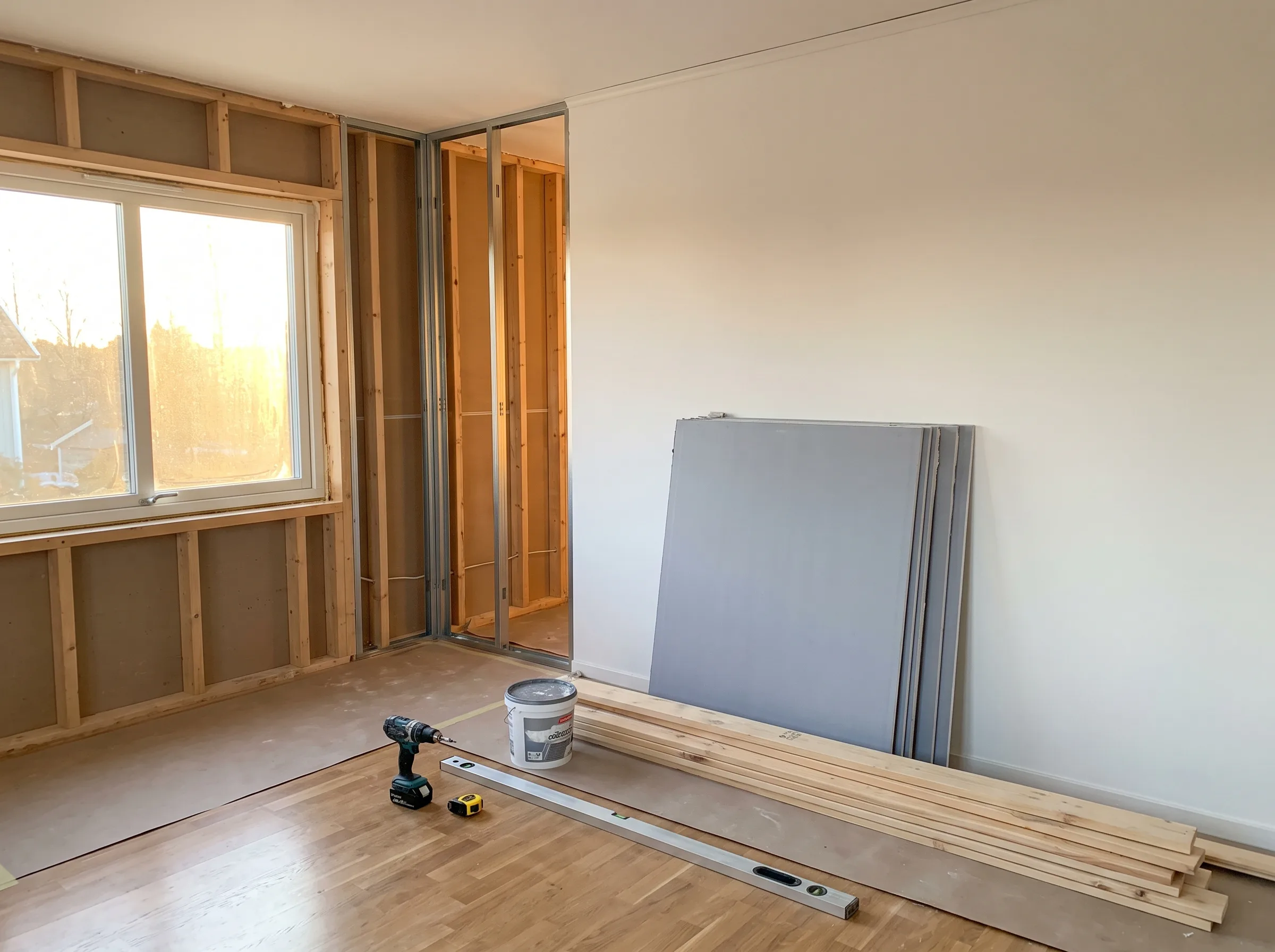 Renovering i ett rum med gipsväggar och material som står på golvet