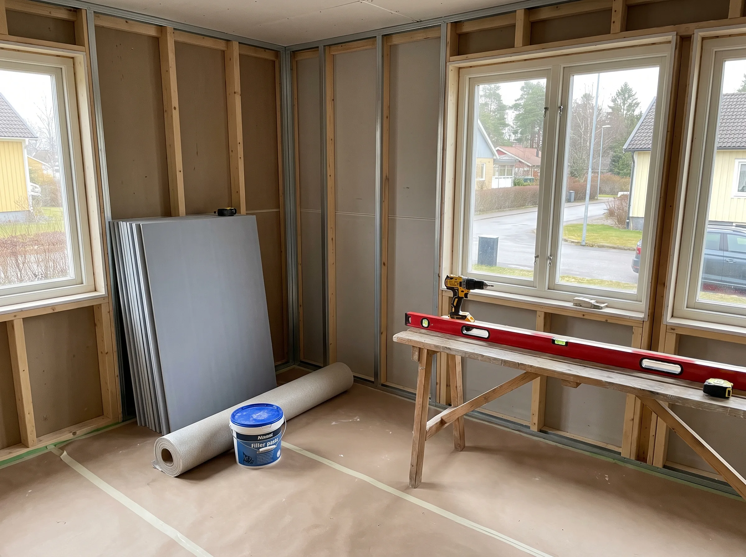 Renovering av innerväggar med gips, färdiga material står på golvet