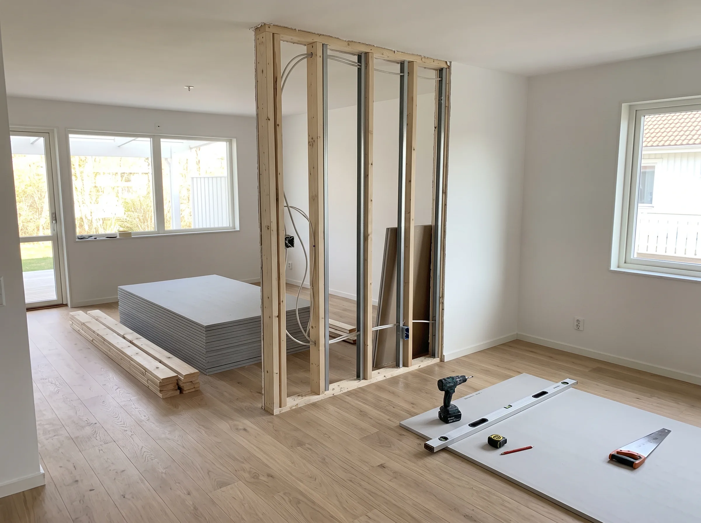 Renovering av inredning med gipsskivor och verktyg i ett rum