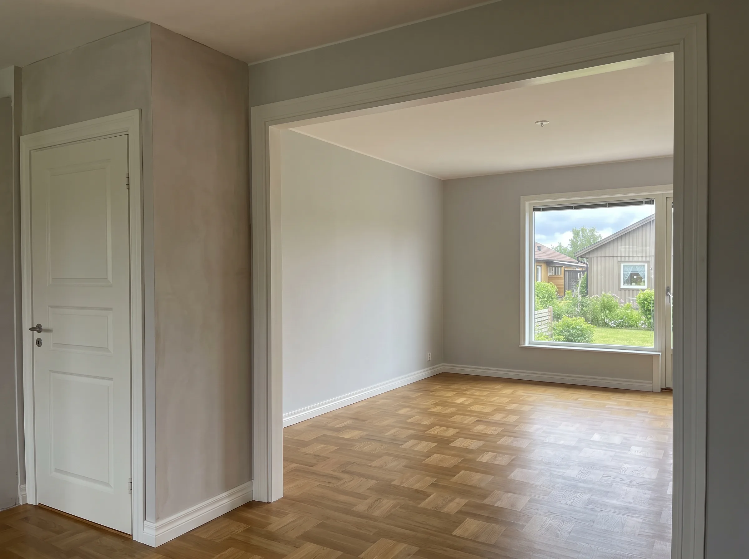 Hemrenovering med nyinredda rum och parkettgolv i ett ljust utrymme