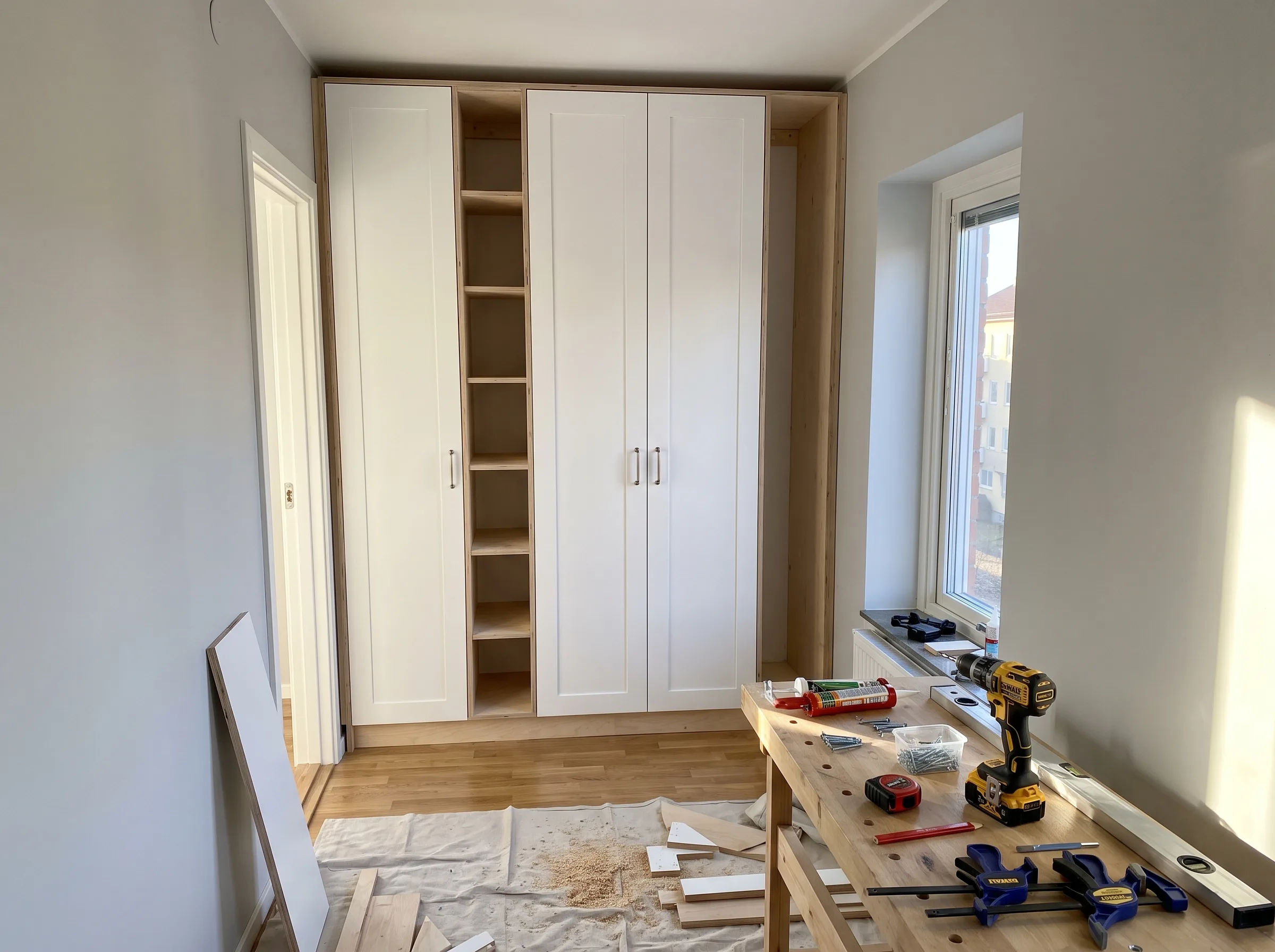 Skräddarsydd förvaring med inbyggda hyllor i ett rum under renovering
