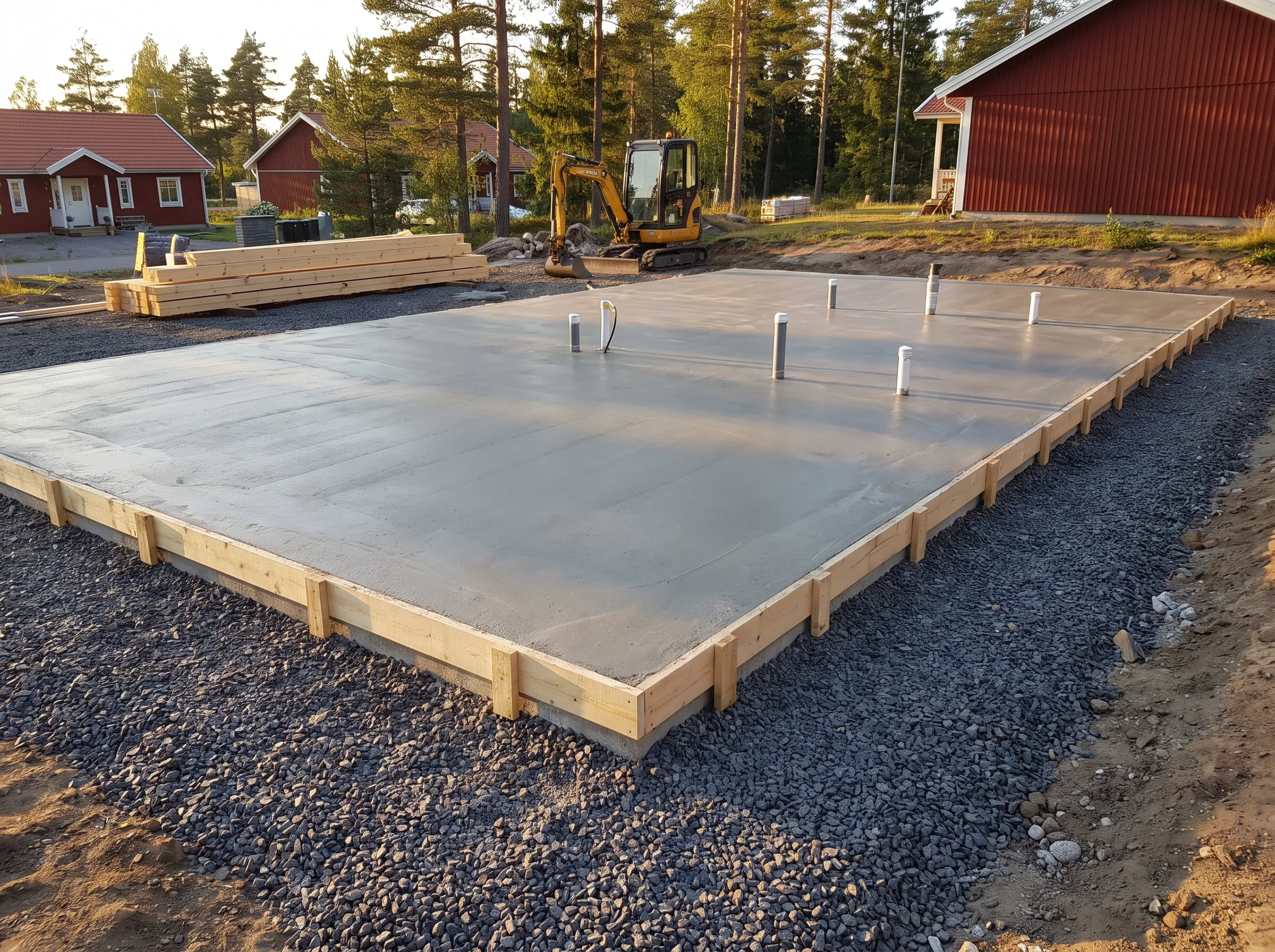 Betongplatta för husgrund med rörinstallationer, omgiven av grus och träplankor