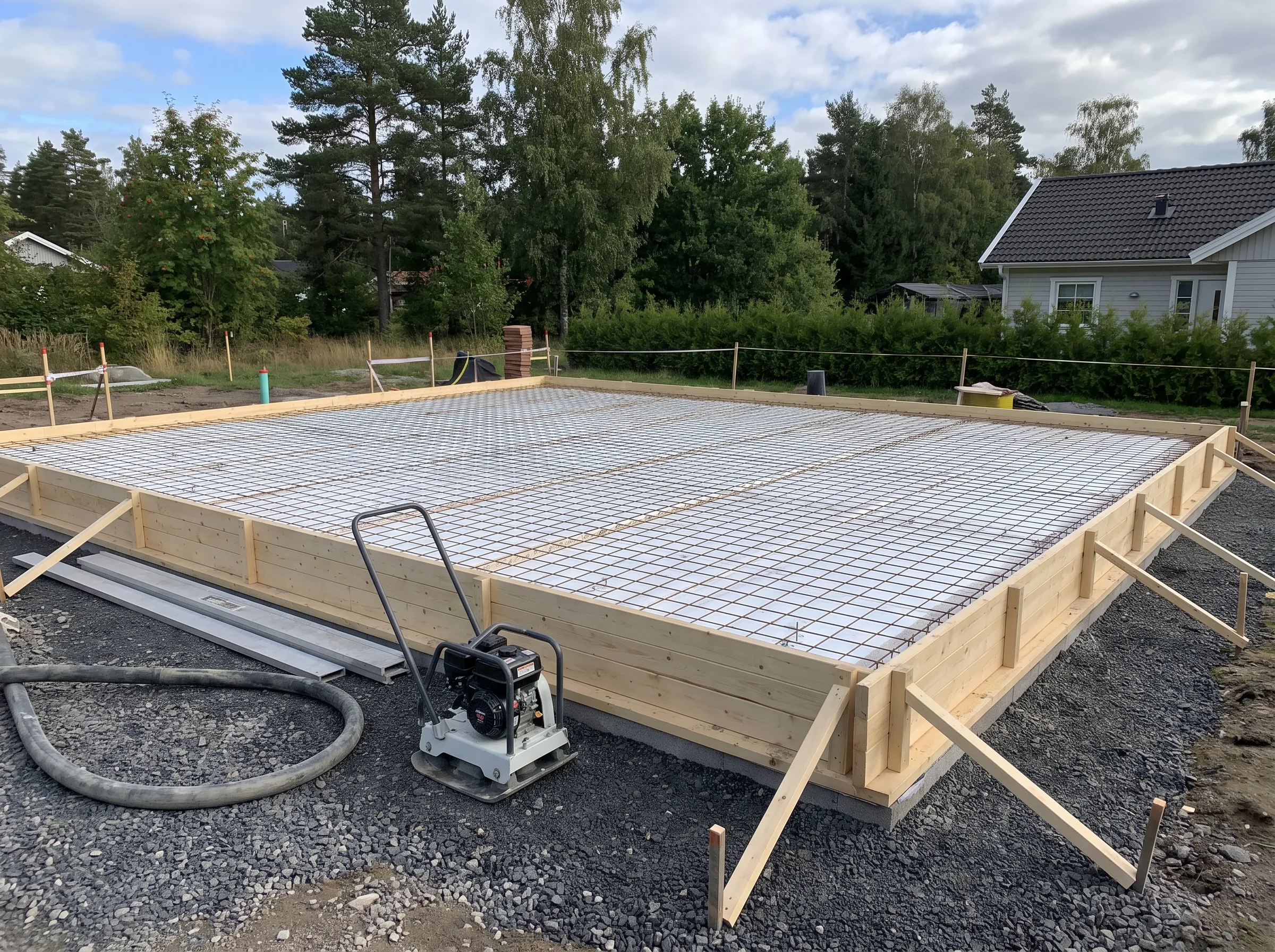 Byggnation av en betongplatta för grundarbete med en markplatta på byggplats