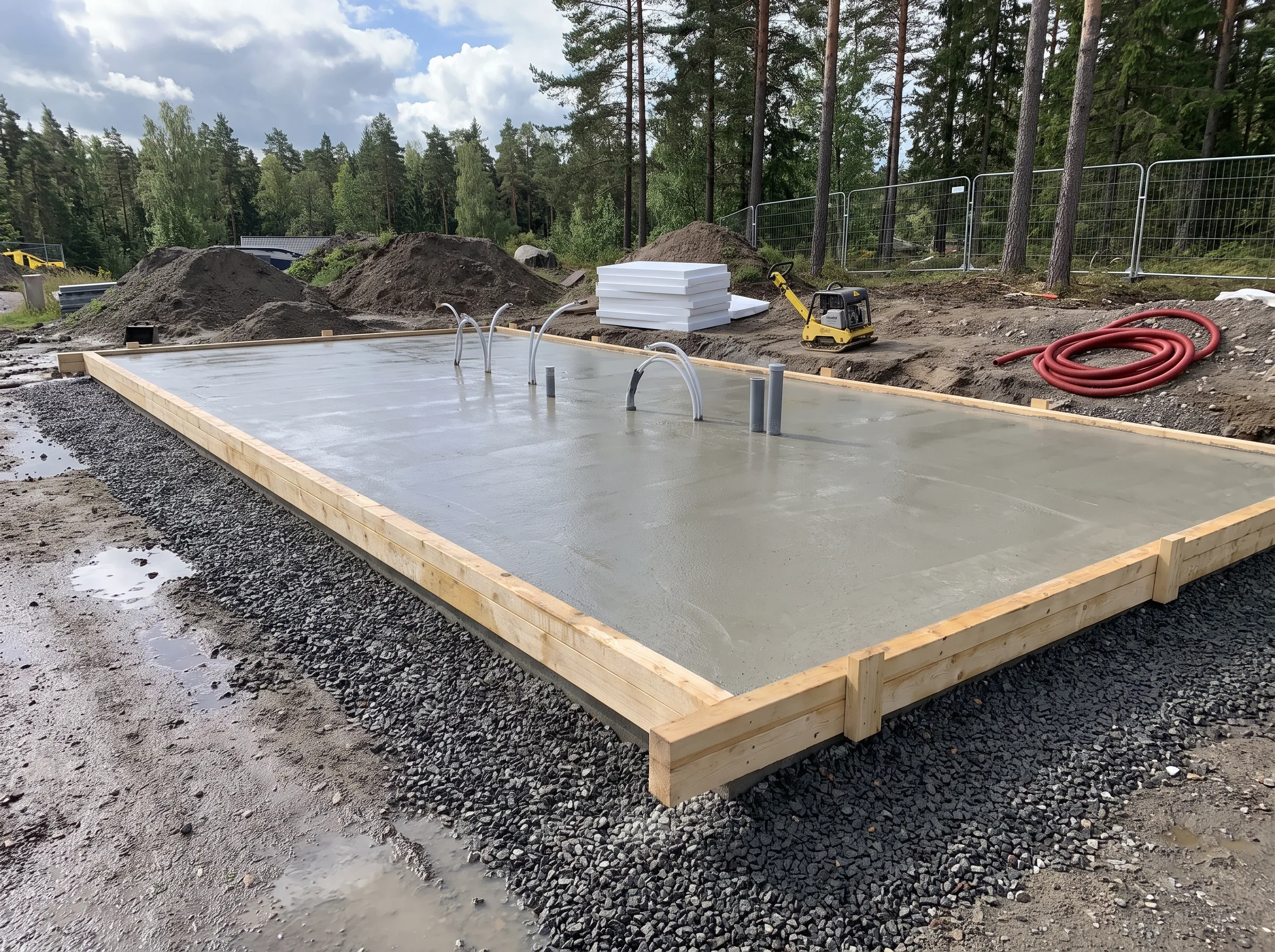 Betongplatta för husgrund som är färdigställd och omgiven av grus
