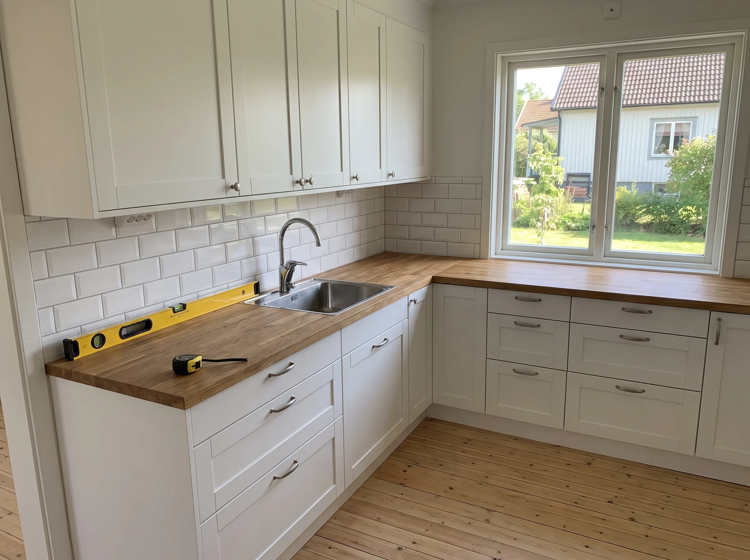 Kök med vita skåp, träbänk och kaklade väggar, nyrenoverad och stilren design