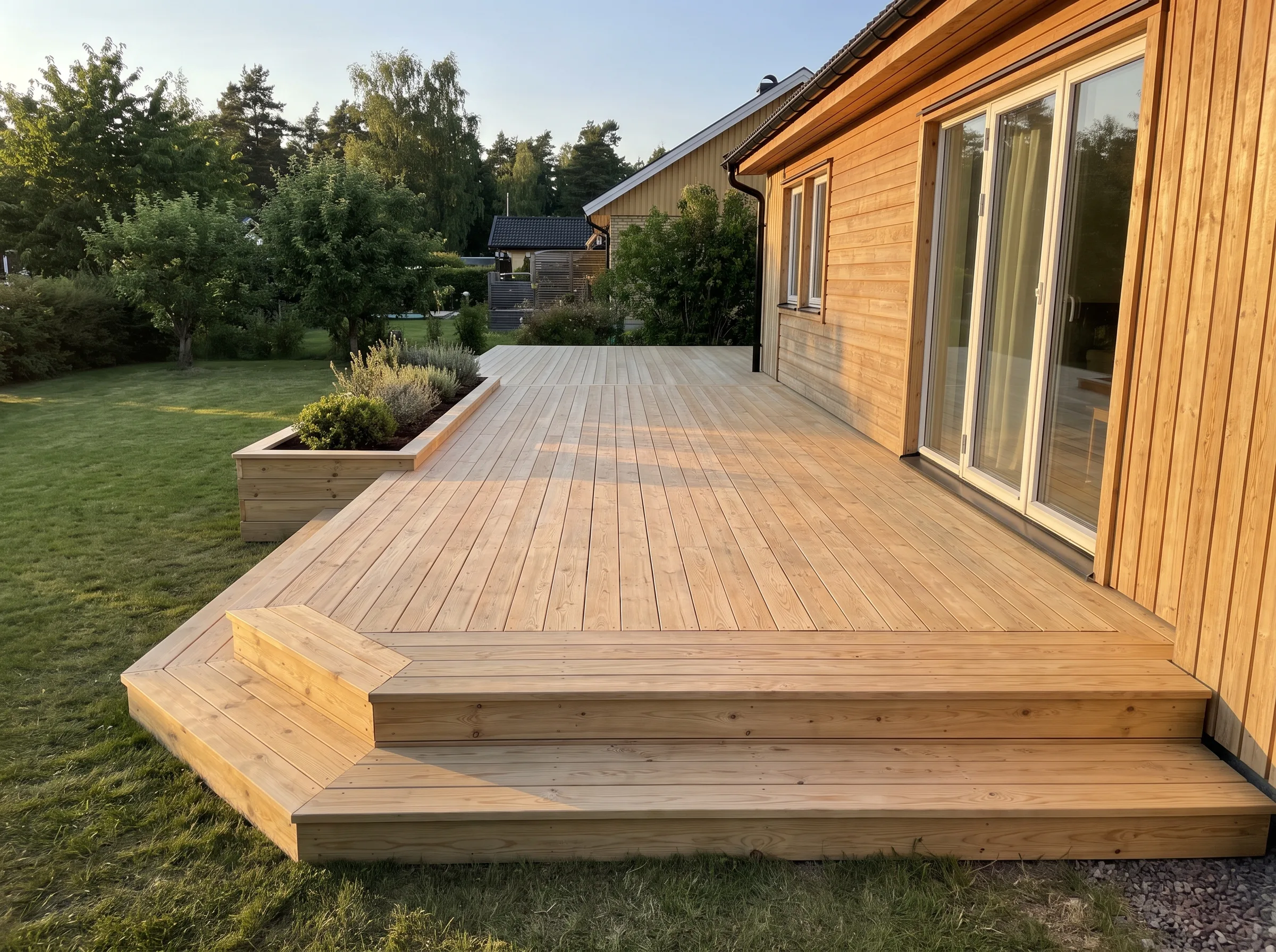 Trädäck med trappa och grönska runt omkring huset i soligt väder