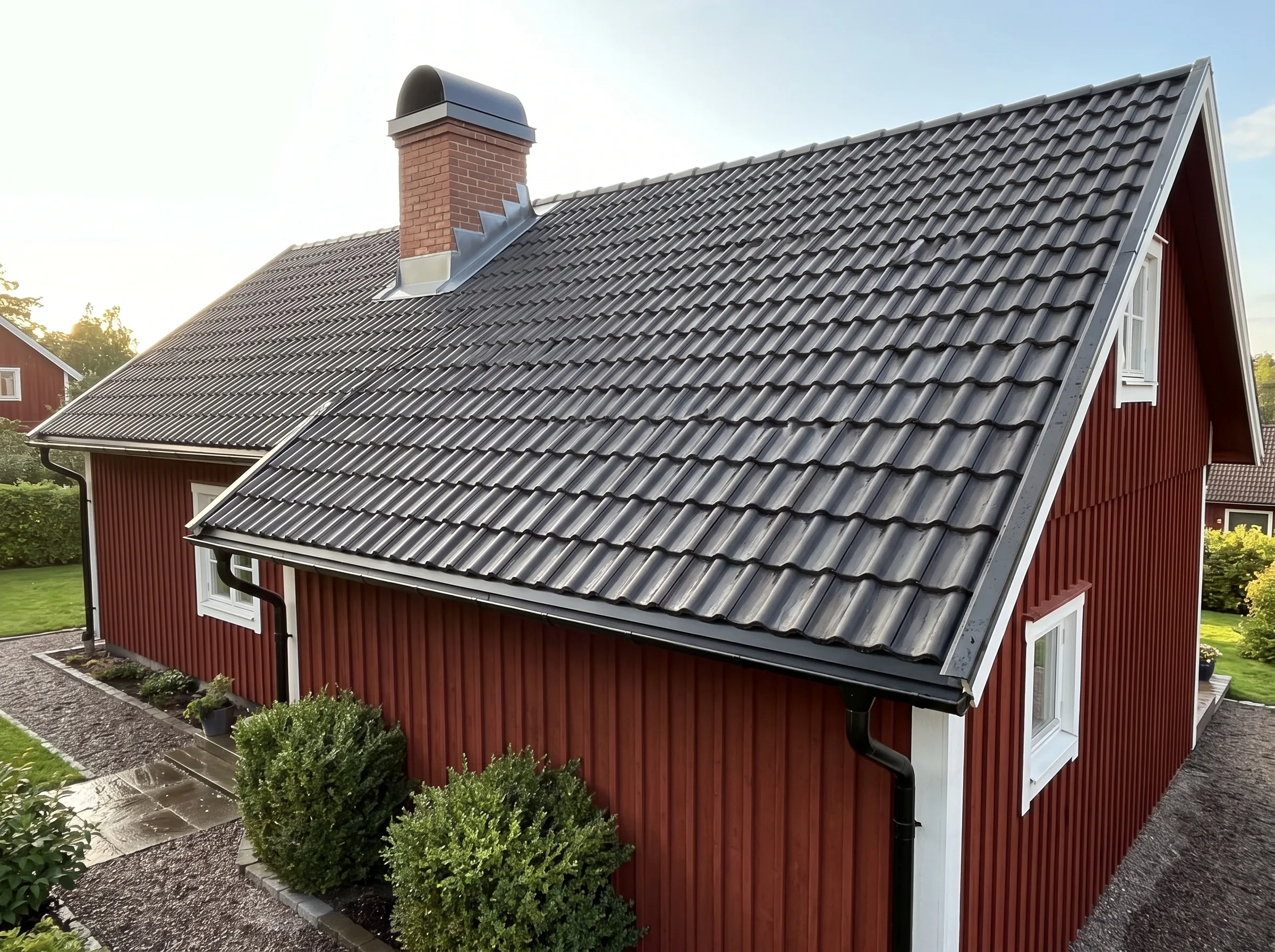 Takrenovering av villa med röd träpanel och tegelhuv