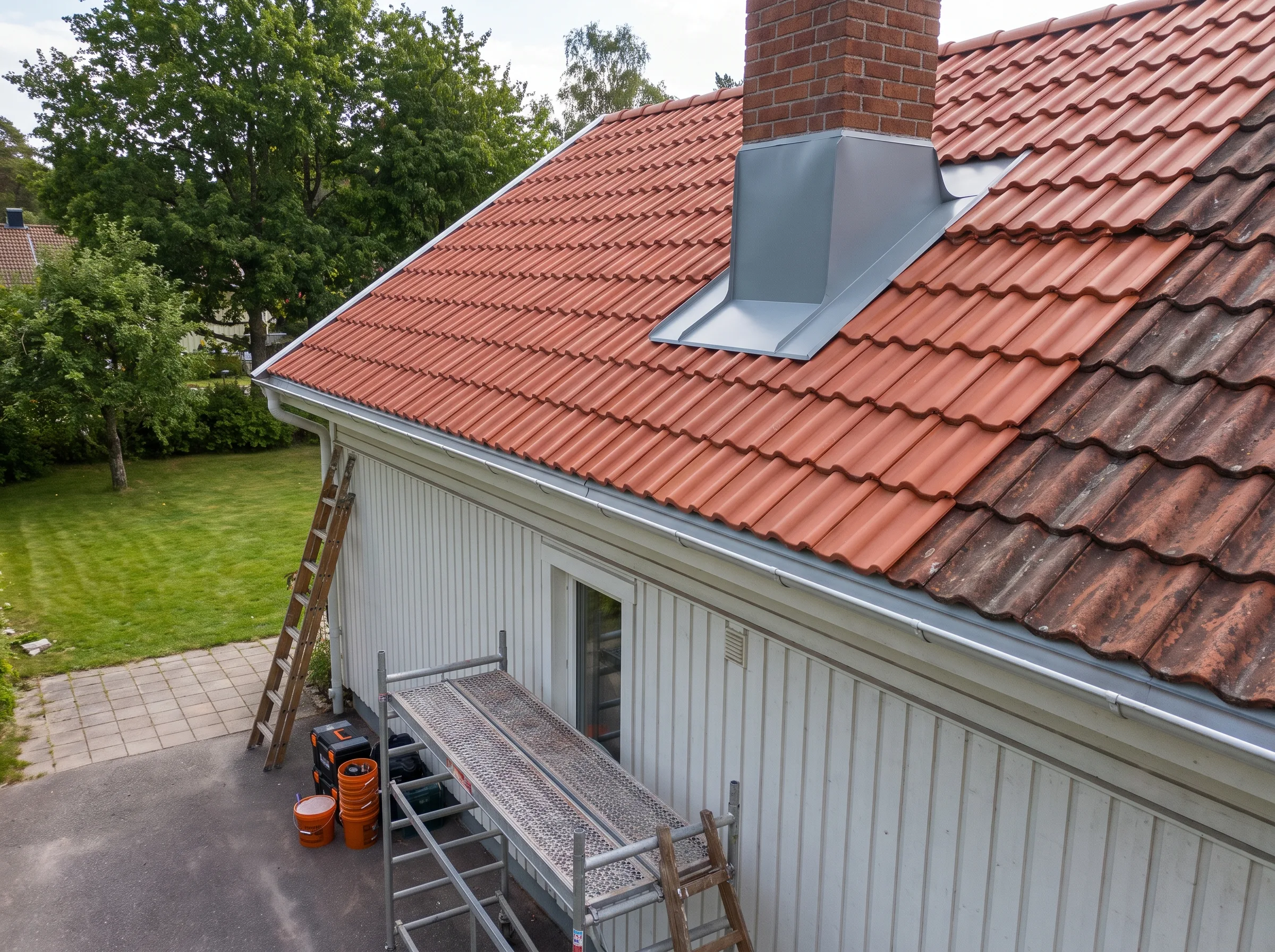 Takrenovering med röd takpannor och skorsten på en vit byggnad