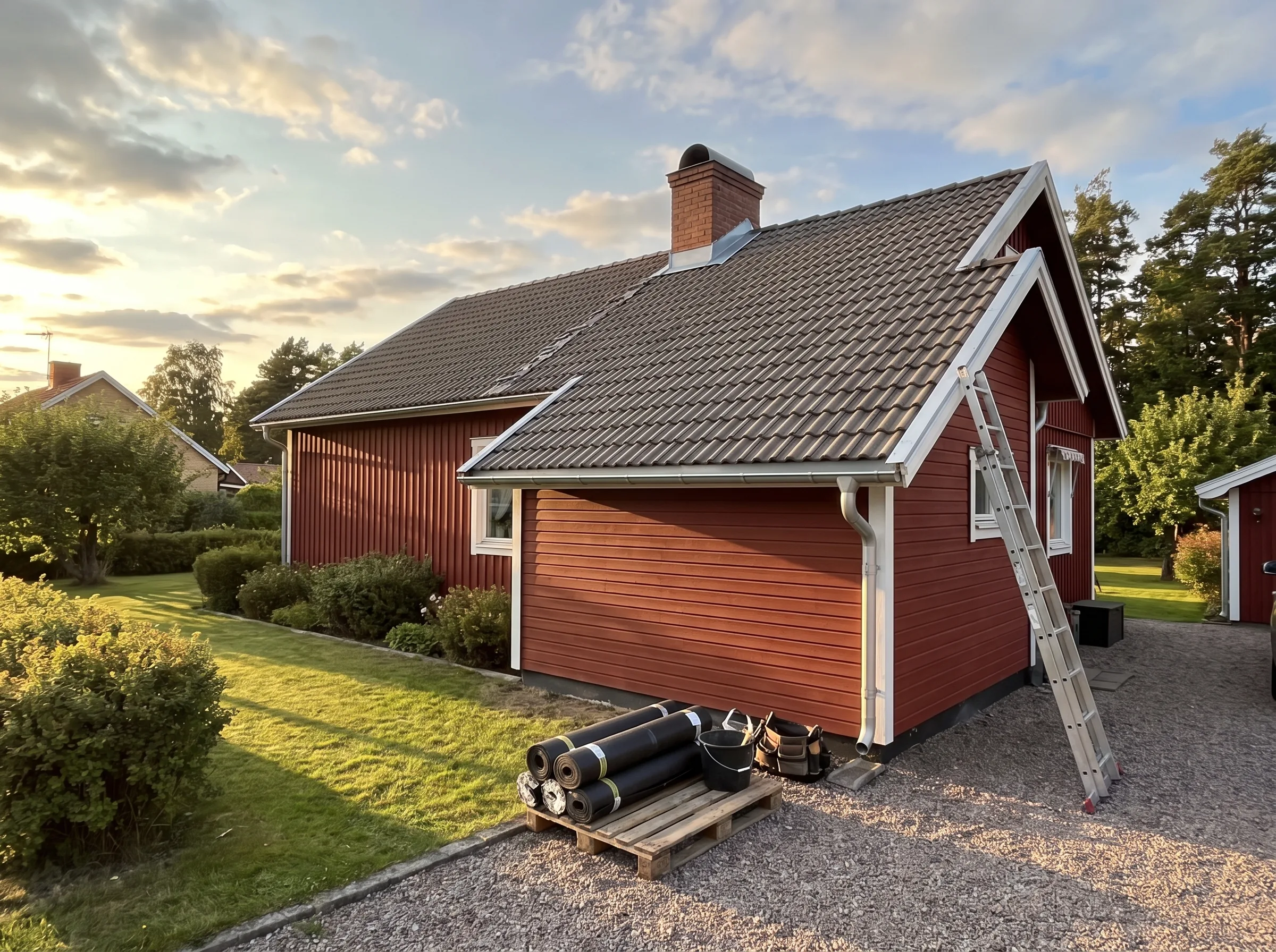 Husrenovering med nylagt tak och fasad, omgiven av grönska i bakgrunden
