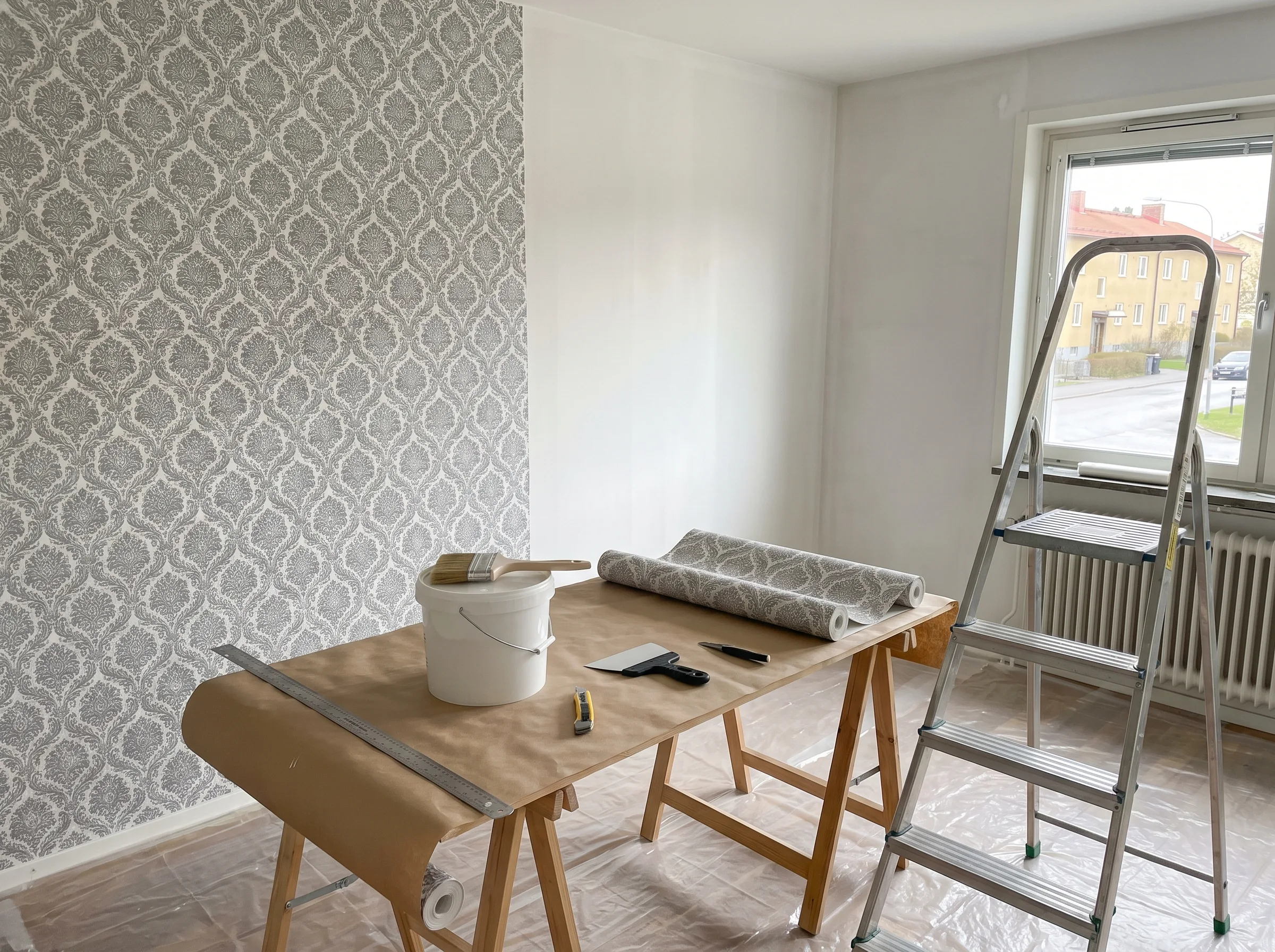 Renovering av väggar med mönstrad tapet och verktyg på bordet