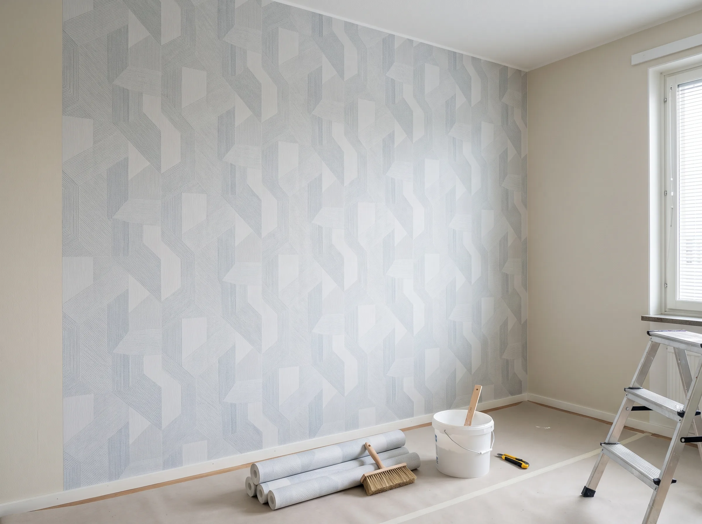 Renovation av vägg med tapetsering i ett rum, synliga verktyg och material