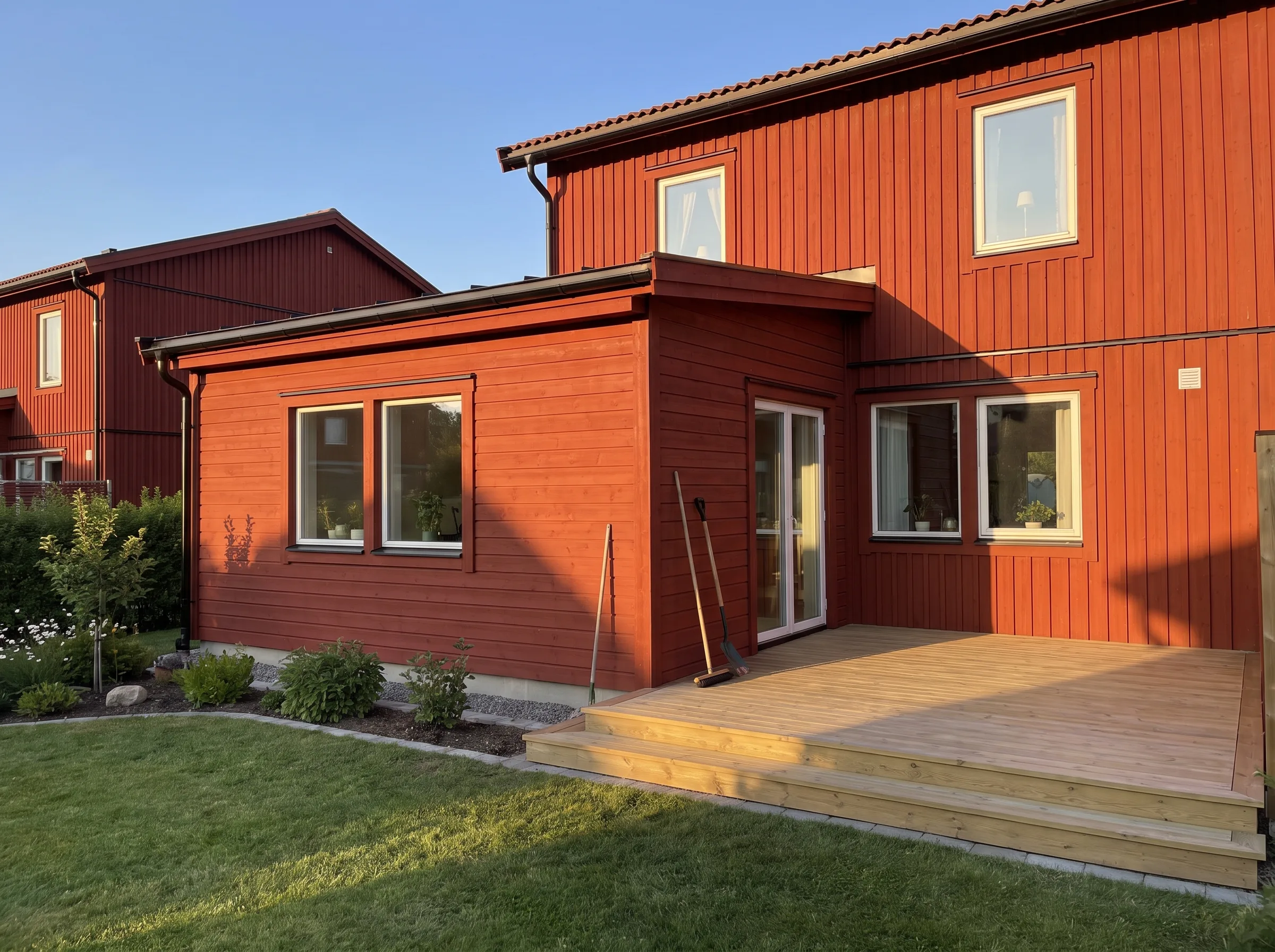 Renovering av en röd träfasad med en altan i soligt väder