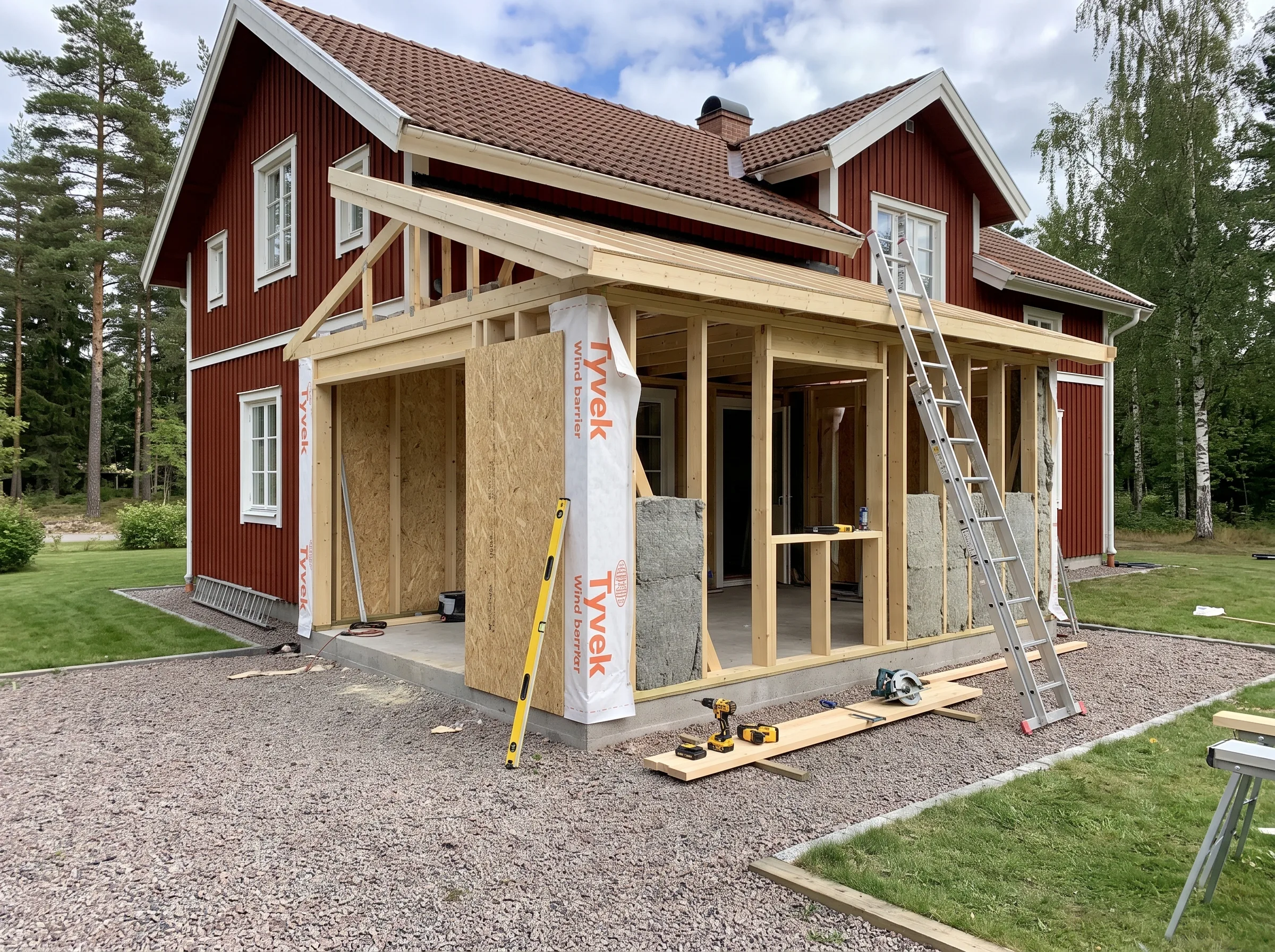 Pågående husrenovering med träkonstruktion och byggutrustning utanför ett rödです hus