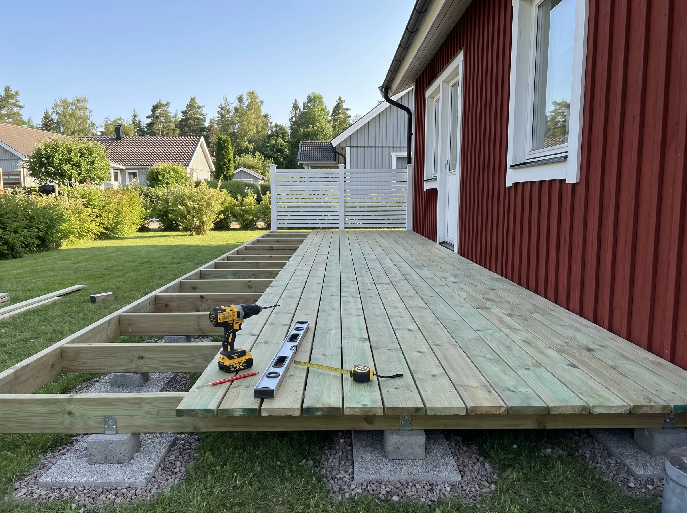 Nybyggd altan med trätrall, verktyg och mätinstrument synliga på platsen