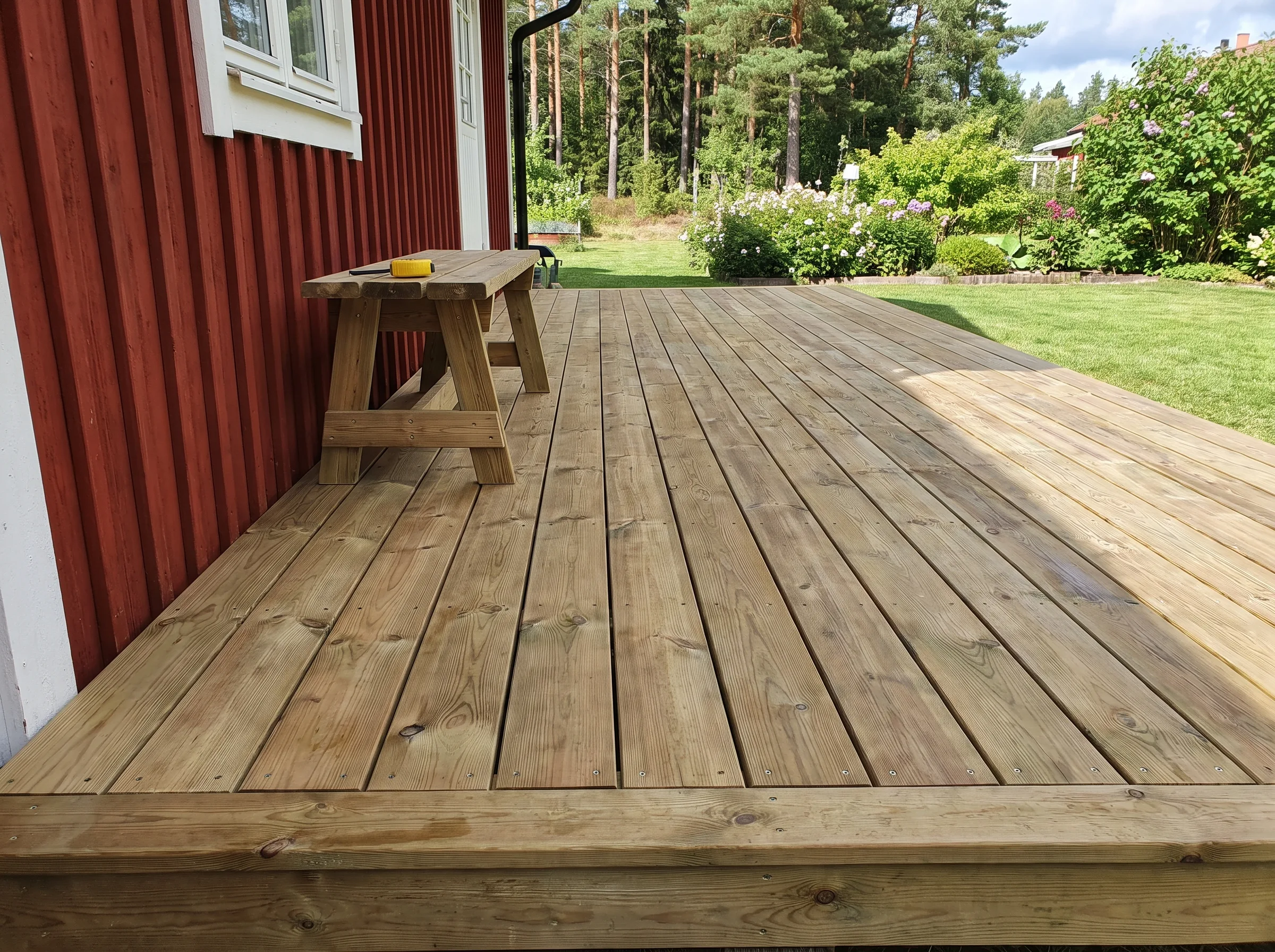 Ny trädäck med träbänkar, omgiven av grönska och blommor, redo för avkoppling