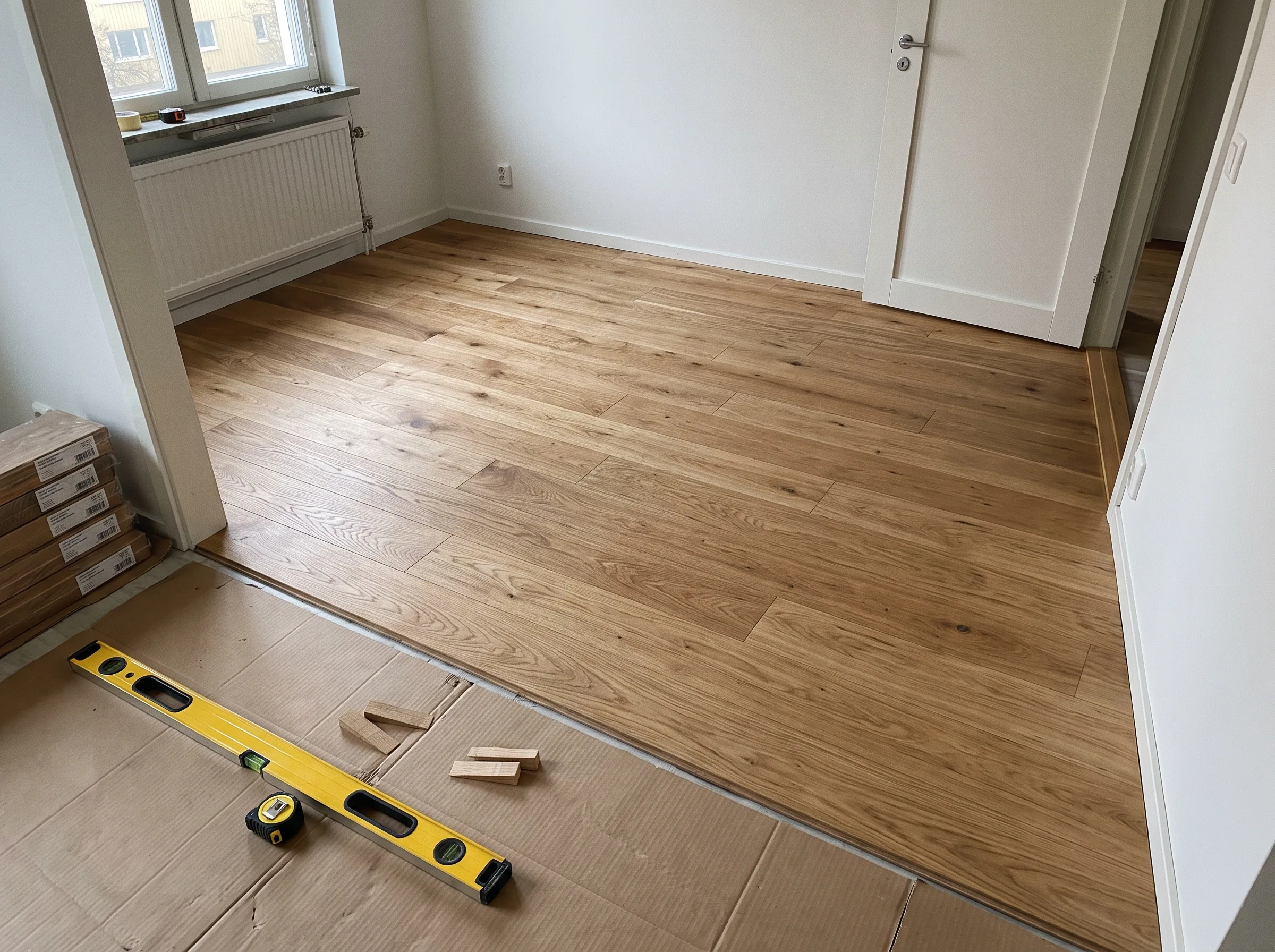 Nyinstallerat trägolv i ett rum med fönster och dörr, golvet är delvis klart